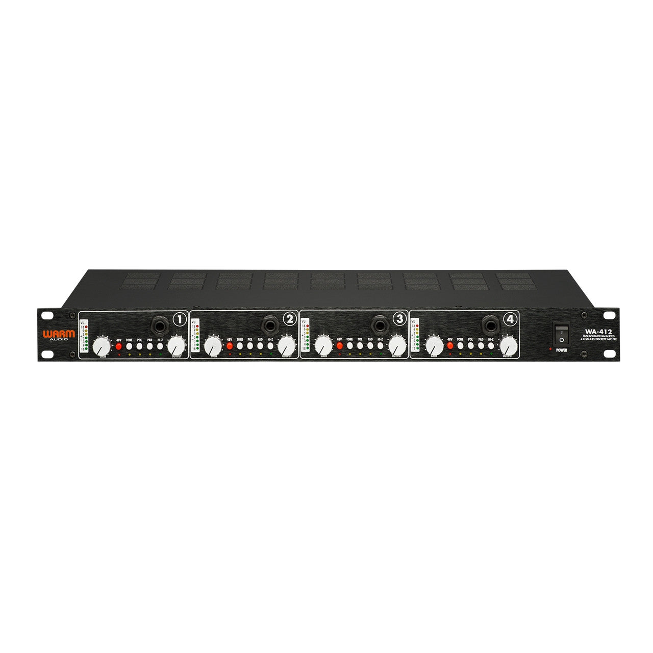 Warm Audio WA-412 4-channel Microphone Preamp, front view showing inputs, gain knobs, illuminated meters, power switch and buttons for HI-Z, phantom power, tone, polarity, and pad.