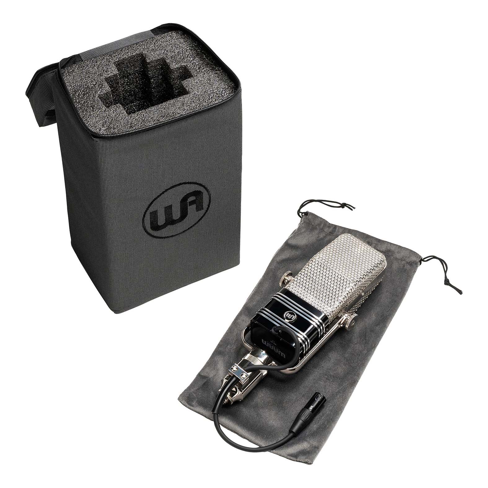 Warm Audio WA-44 Ribbon Microphone lying ontop of the mic pouch with custom carry case