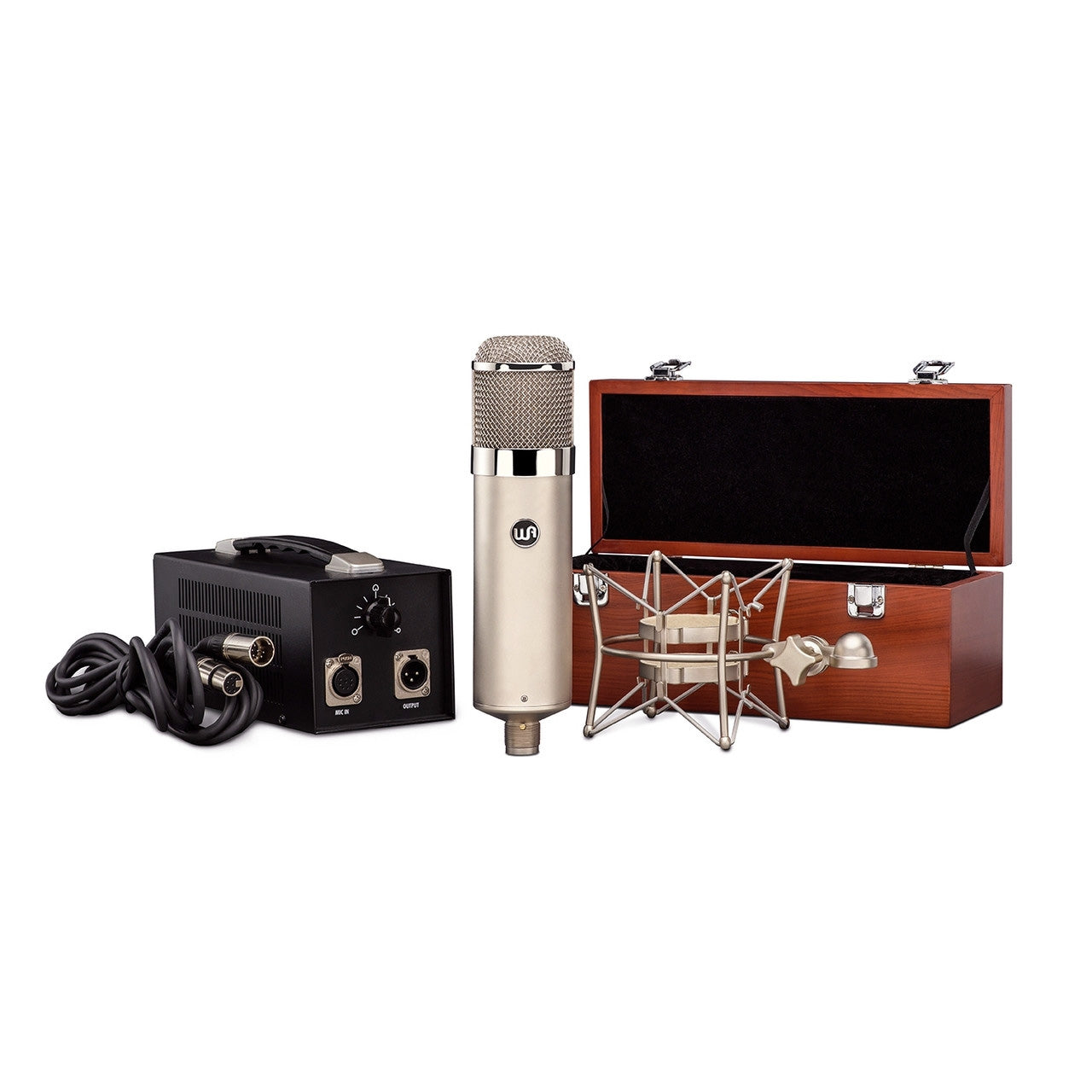 Warm Audio WA-47 Large-Diaphragm Tube Condenser Microphone with power supply, shockmount, microphone cable and custom wooden box.