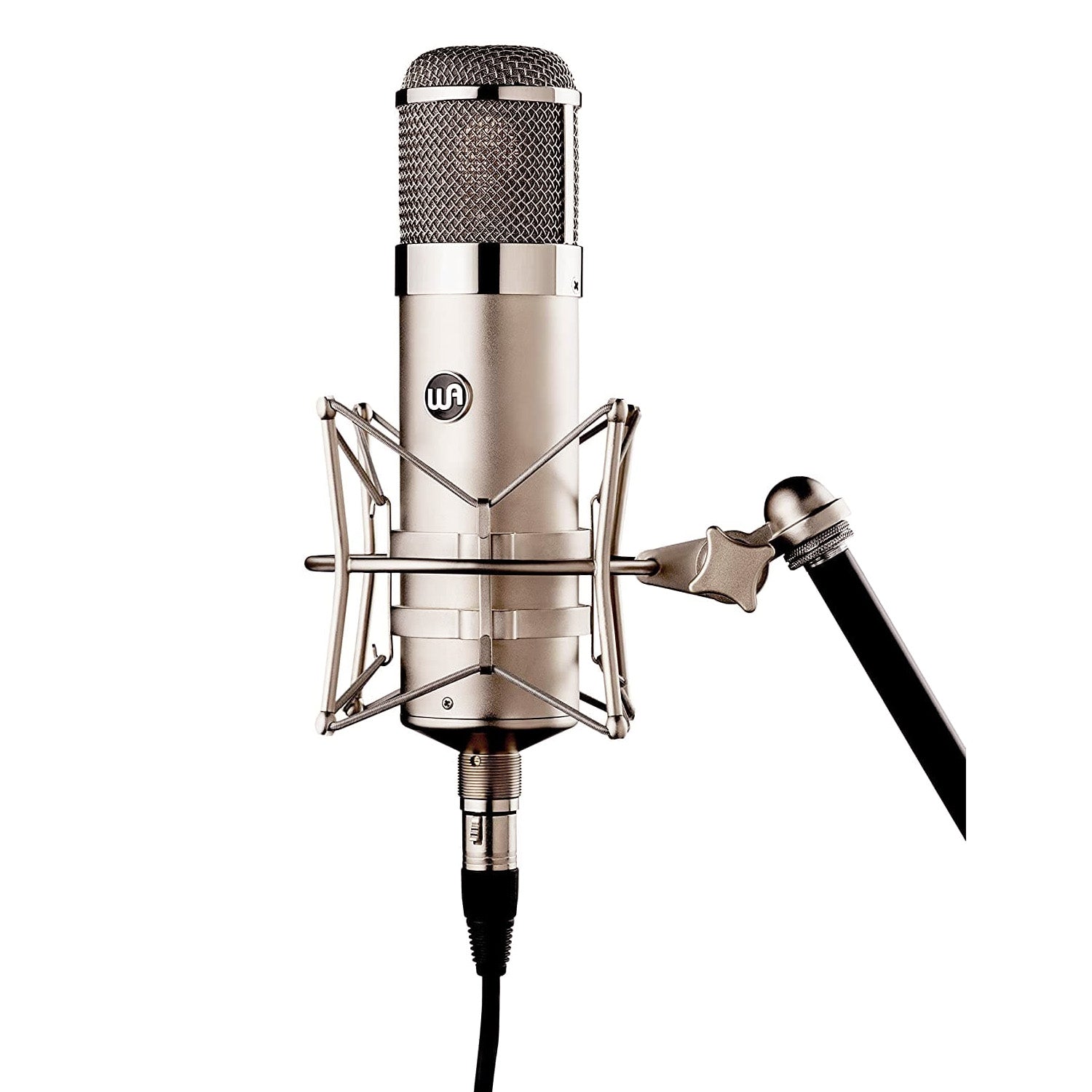 Warm Audio WA-47 Large-Diaphragm Tube Condenser Microphone mounted on a mic stand with shockmount and XLR cable.