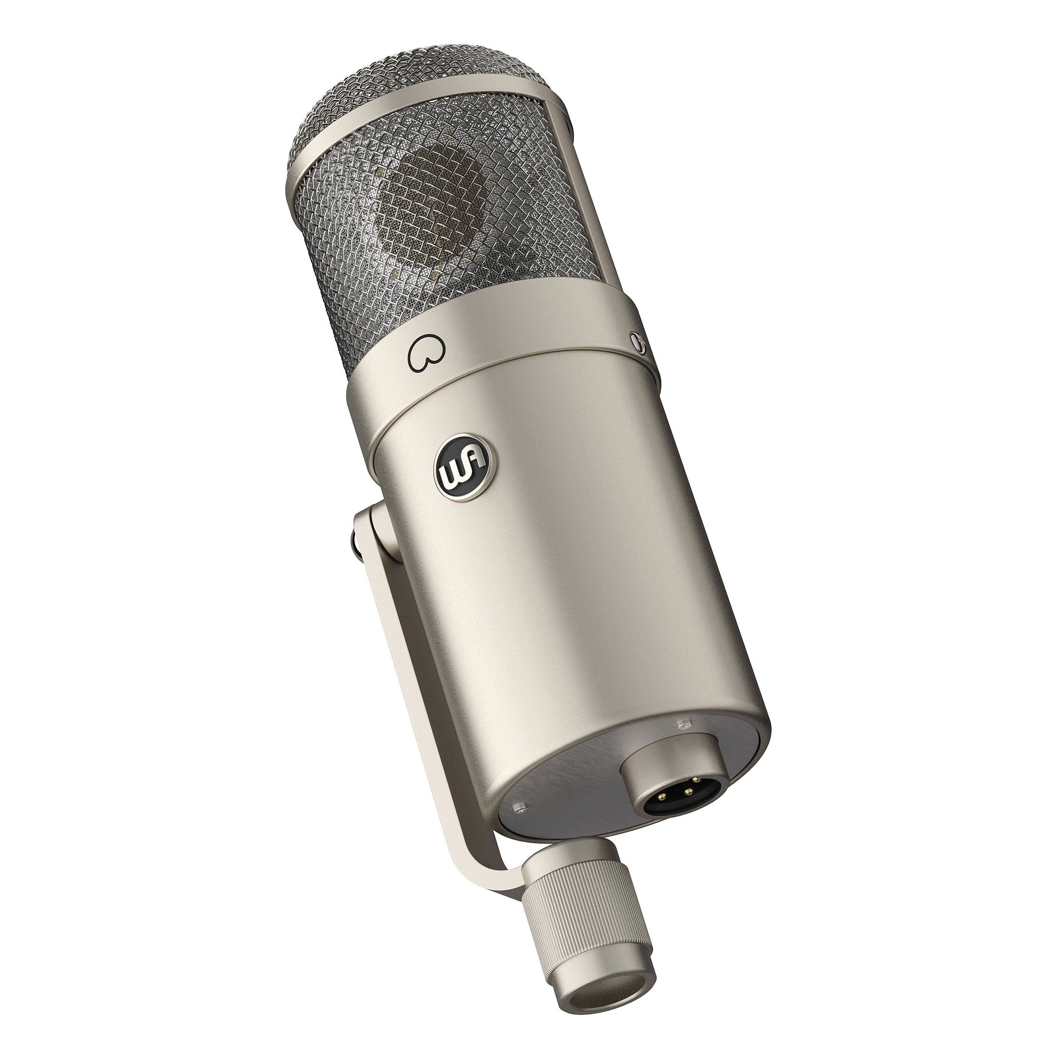 Warm Audio WA-47F Large-diaphragm FET Condenser Microphone, angled view showing the front and XLR port