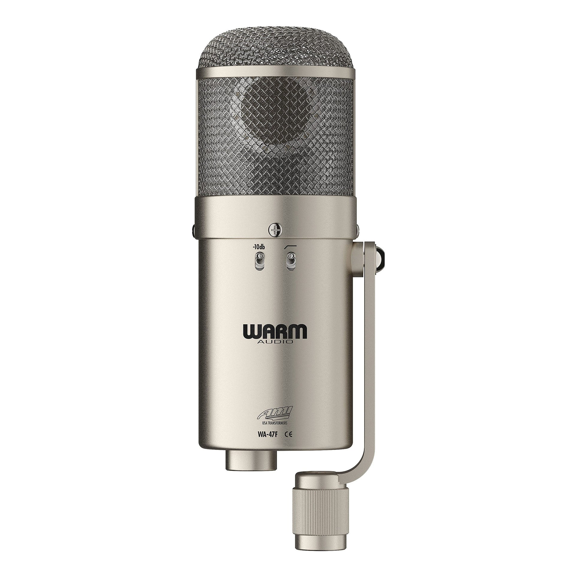 Warm Audio WA-47F Large-diaphragm FET Condenser Microphone, back view showing the switches for the -10db pad and highpass filter