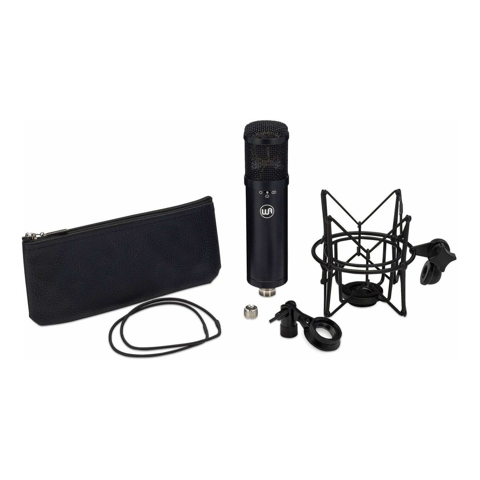 Warm Audio WA-47jr Large-Diaphragm FET Condenser Microphone (Black) with shockmount, hardmount, thread adapter, and microphone pouch.