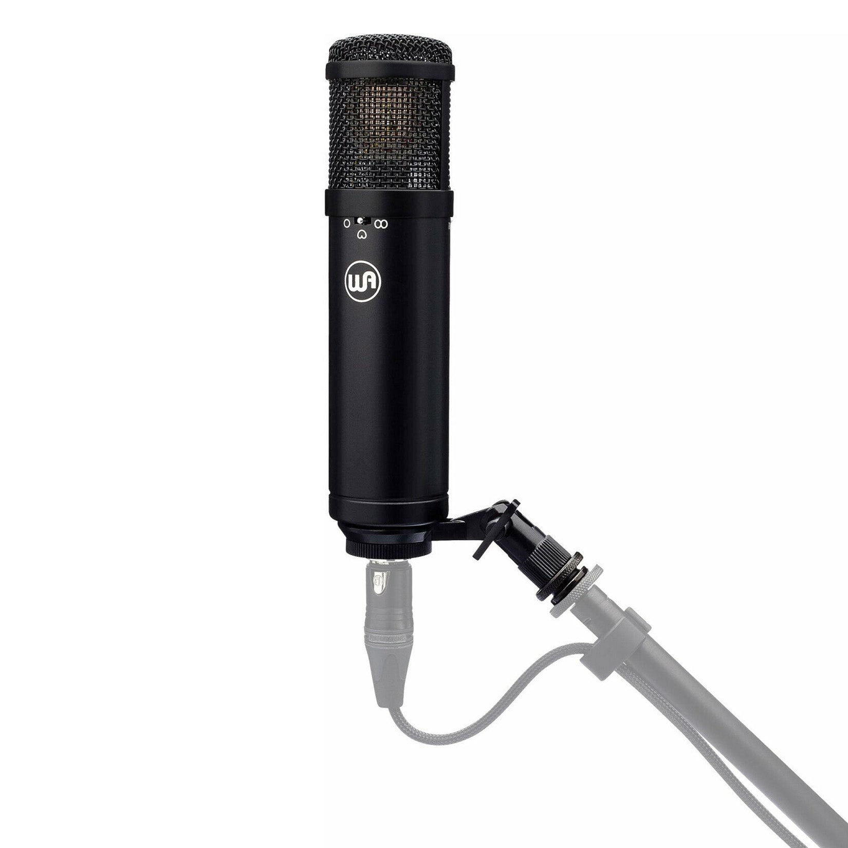 Warm Audio WA-47jr Large-Diaphragm FET Condenser Microphone (Black) hardmounted on a stand with an xlr cable.