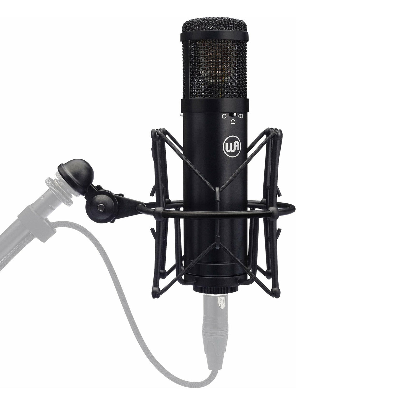 Warm Audio WA-47jr Large-Diaphragm FET Condenser Microphone (Black) mounted on a stand with black shockmount and xlr cable.