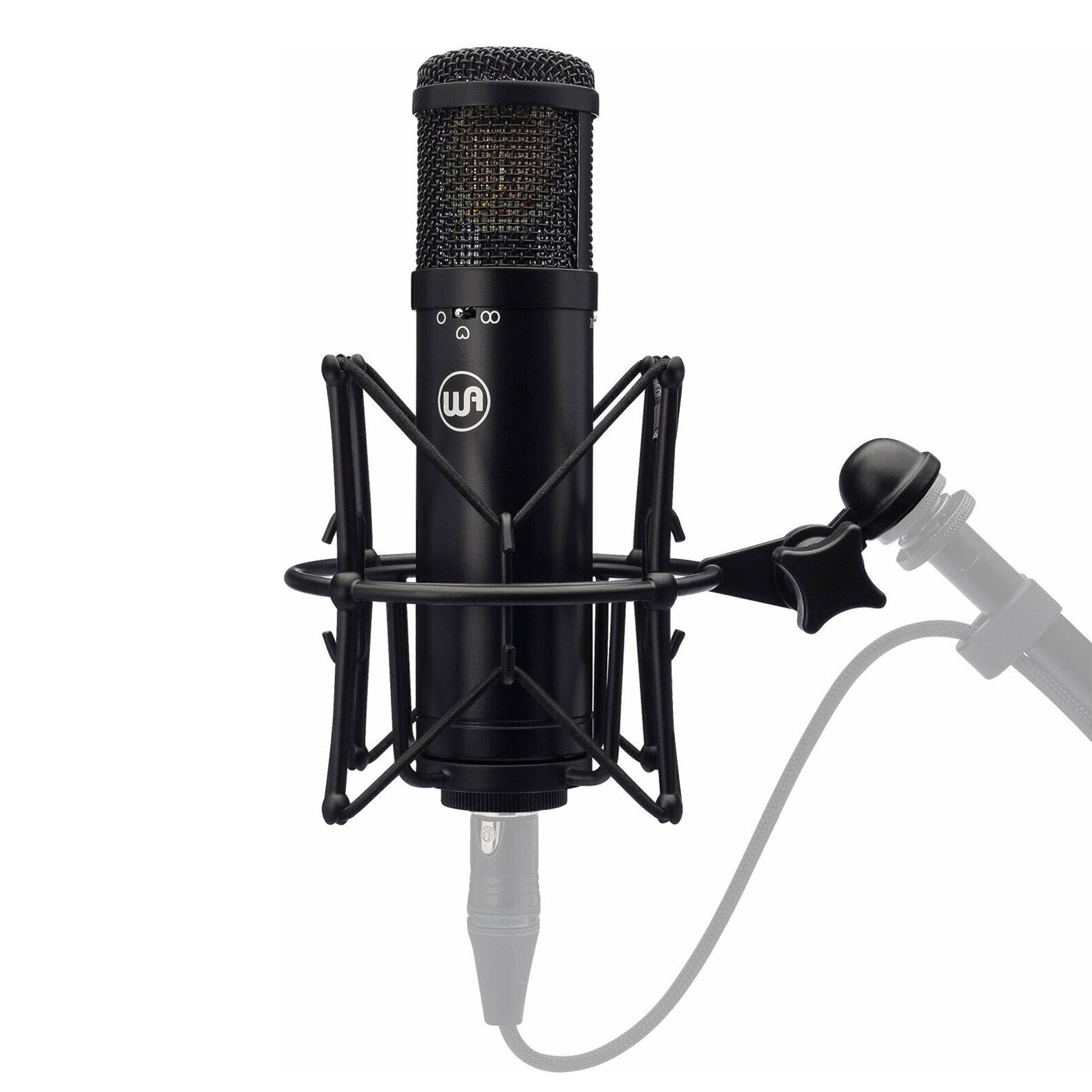 Warm Audio WA-47jr Large-Diaphragm FET Condenser Microphone (Black) mounted on a stand with black shockmount and xlr cable.