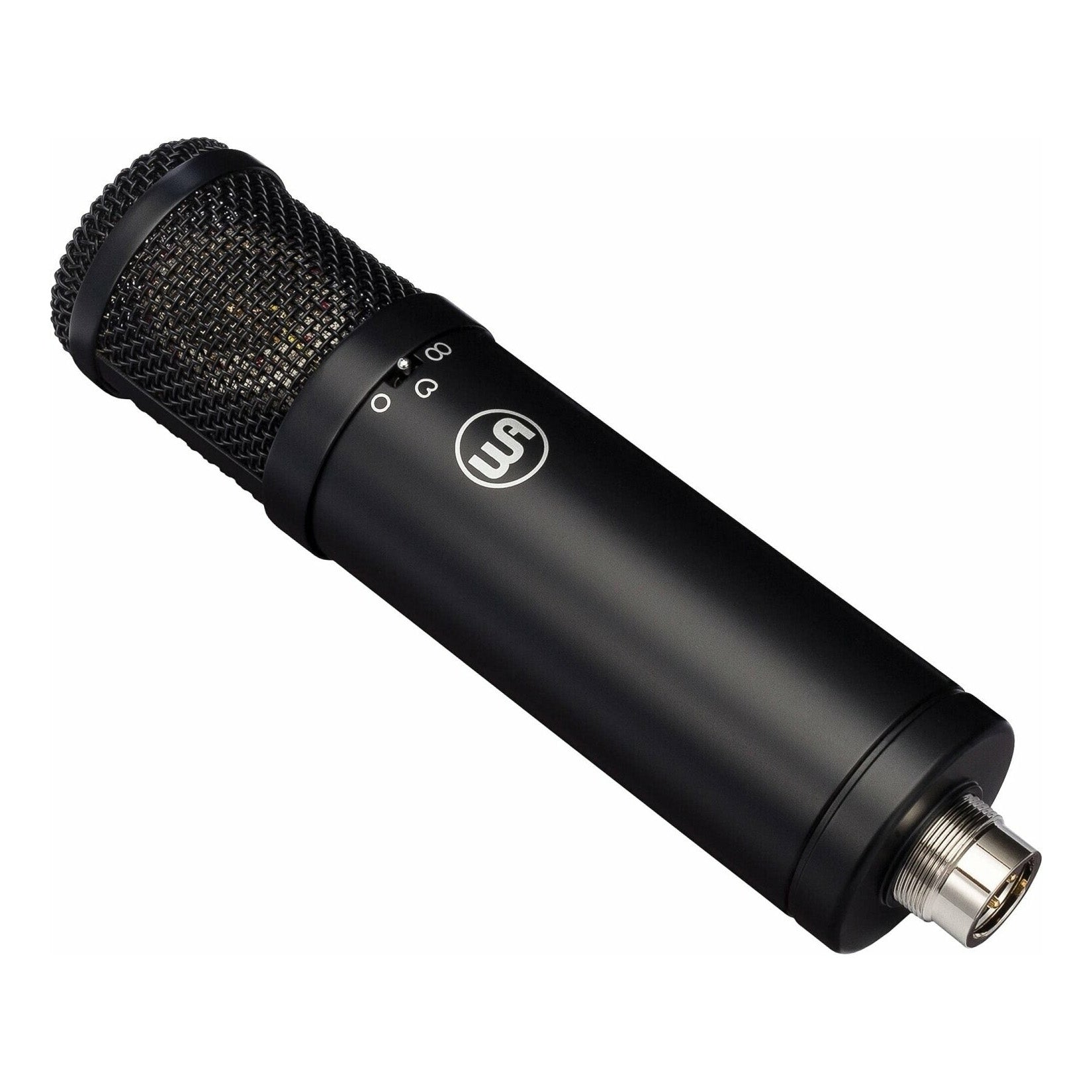 Warm Audio WA-47jr Large-Diaphragm FET Condenser Microphone (Black), angled view showing polar pattern selector switch and logo.