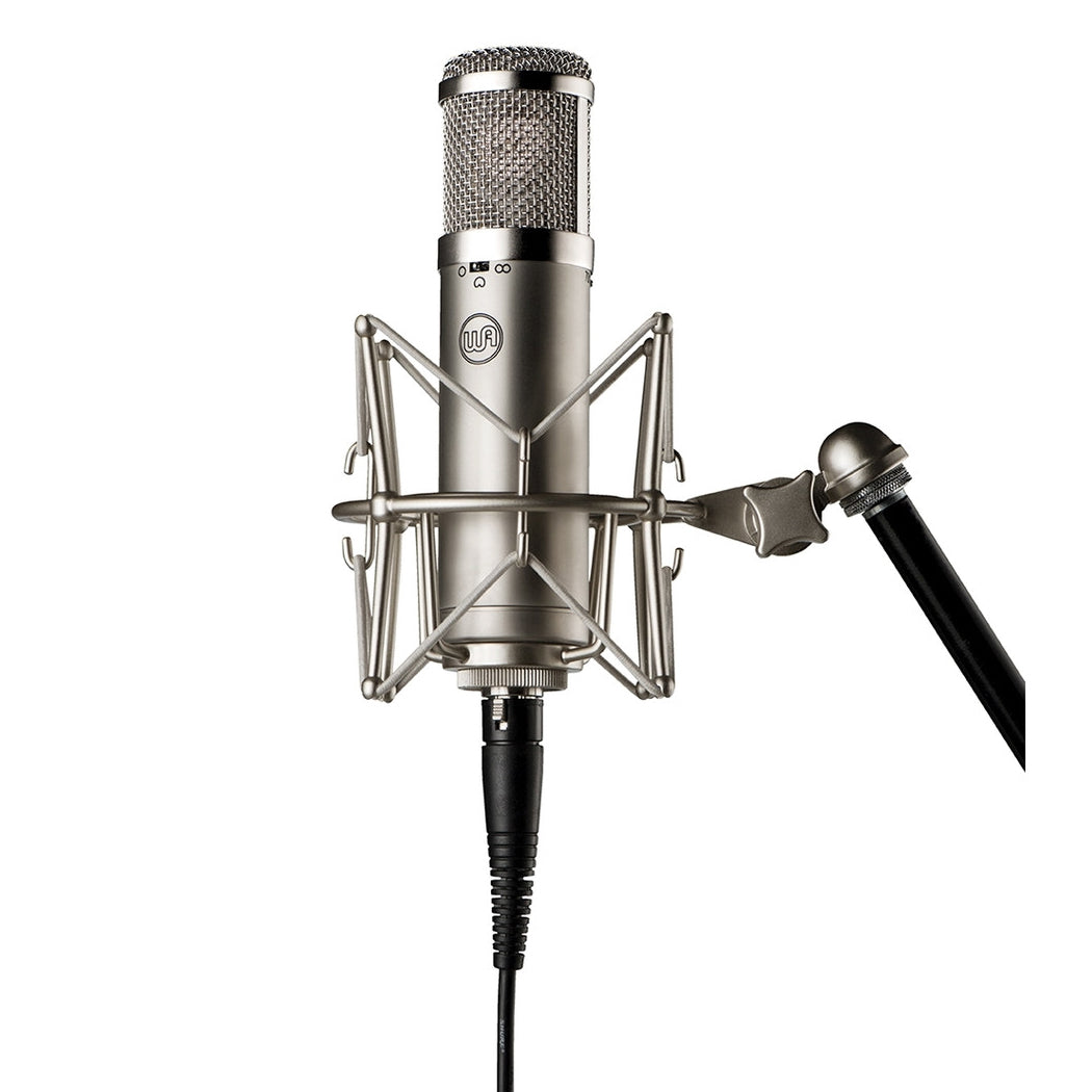 Warm Audio WA-47jr Large-Diaphragm FET Condenser Microphone (Nickel) mounted on a stand with nickel shockmount and XLR cable.