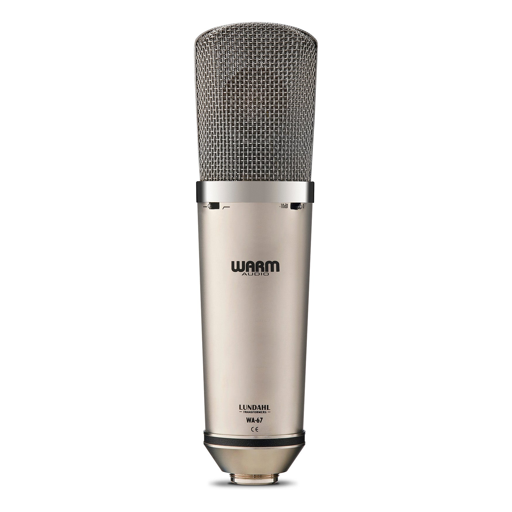 Warm Audio WA-67 Tube Large-Diaphragm Condenser Microphone, back view showing the switches for the -10db pad and highpass filter.