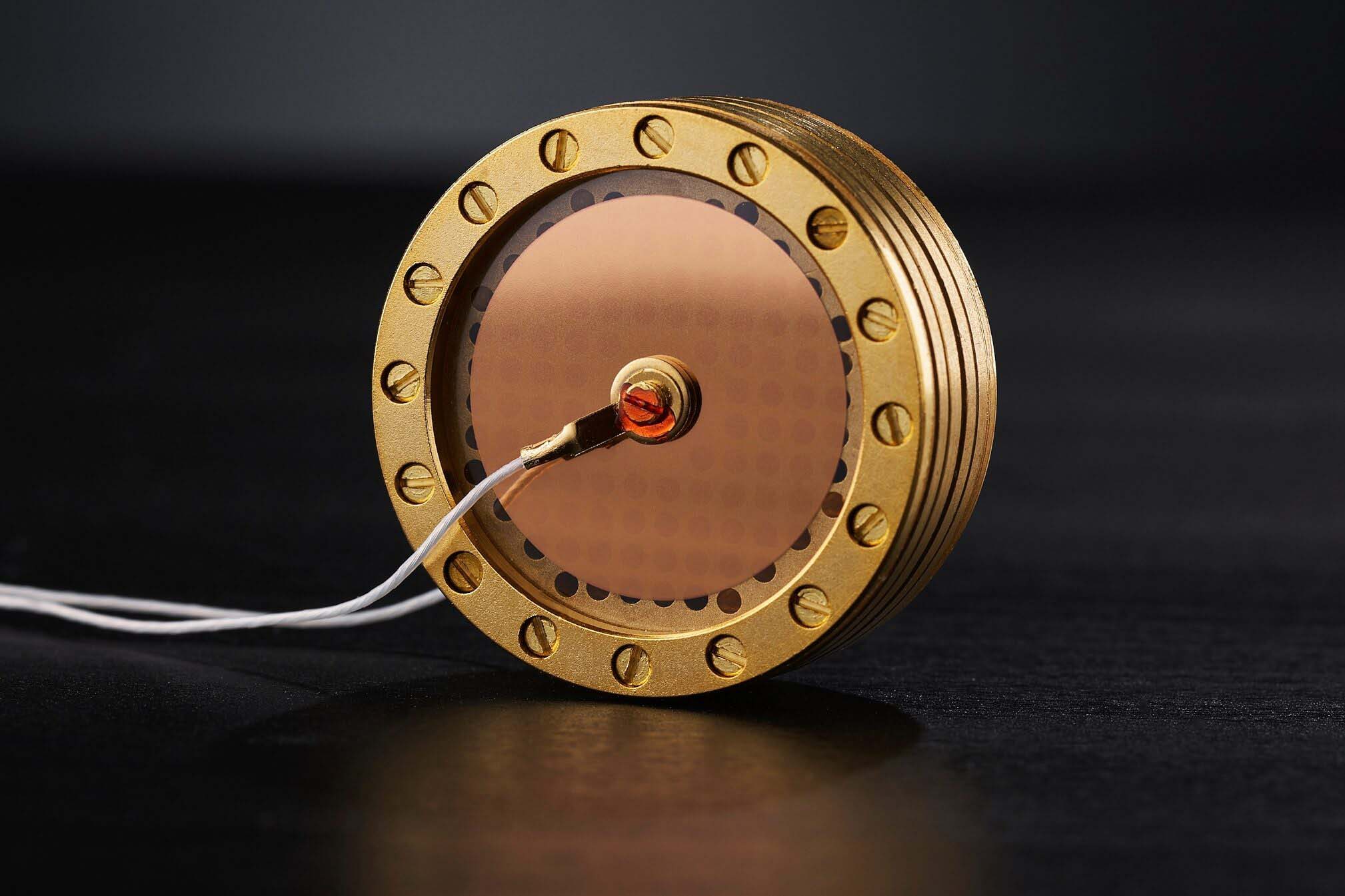 Brass capsule from inside the Warm Audio WA-67 Tube Large-Diaphragm Condenser Microphone