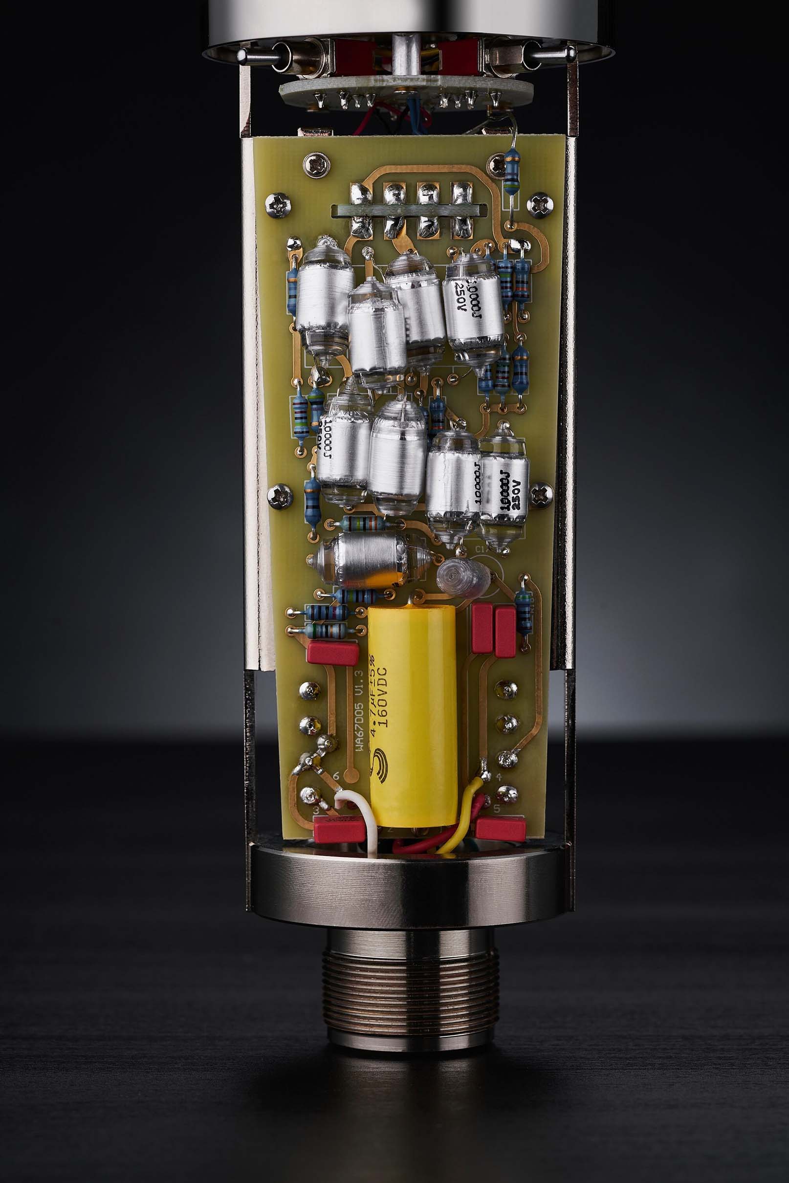 Warm Audio WA-67 Tube Large-Diaphragm Condenser Microphone interior showing the circuit and components.
