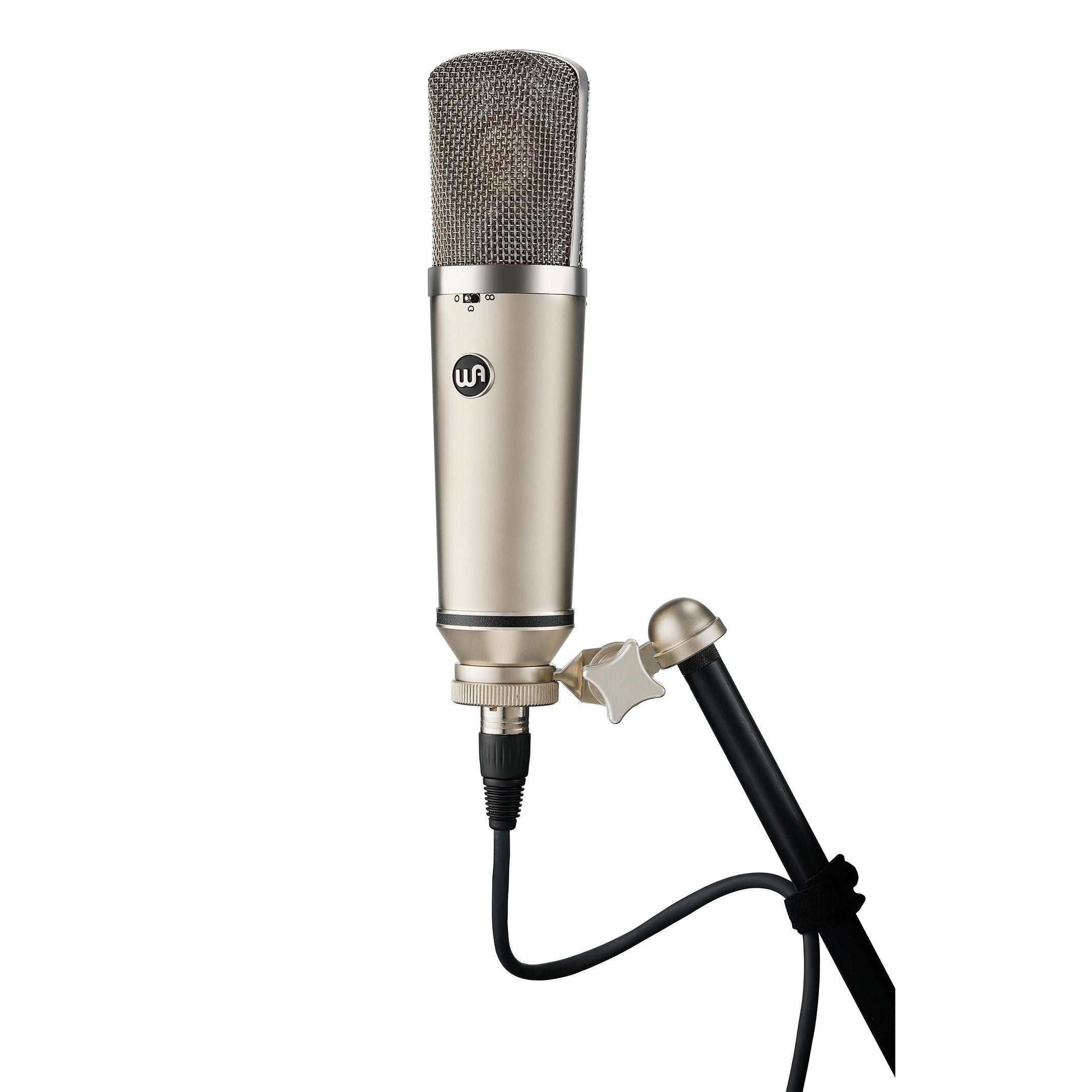 Warm Audio WA-67 Tube Large-Diaphragm Condenser Microphone hardmounted on a microphone stand with XLR cable.