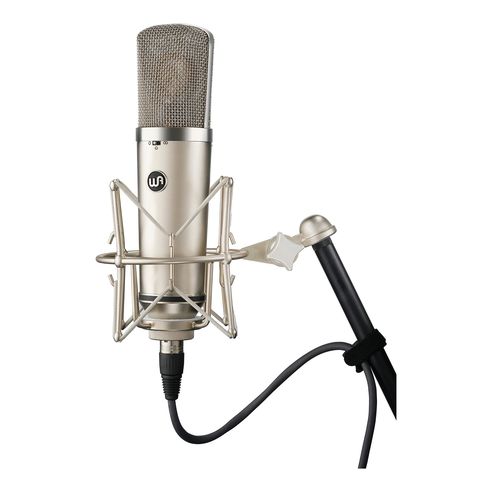 Warm Audio WA-67 Tube Large-Diaphragm Condenser Microphone mounted on a stand with nickel shockmount and XLR cable.