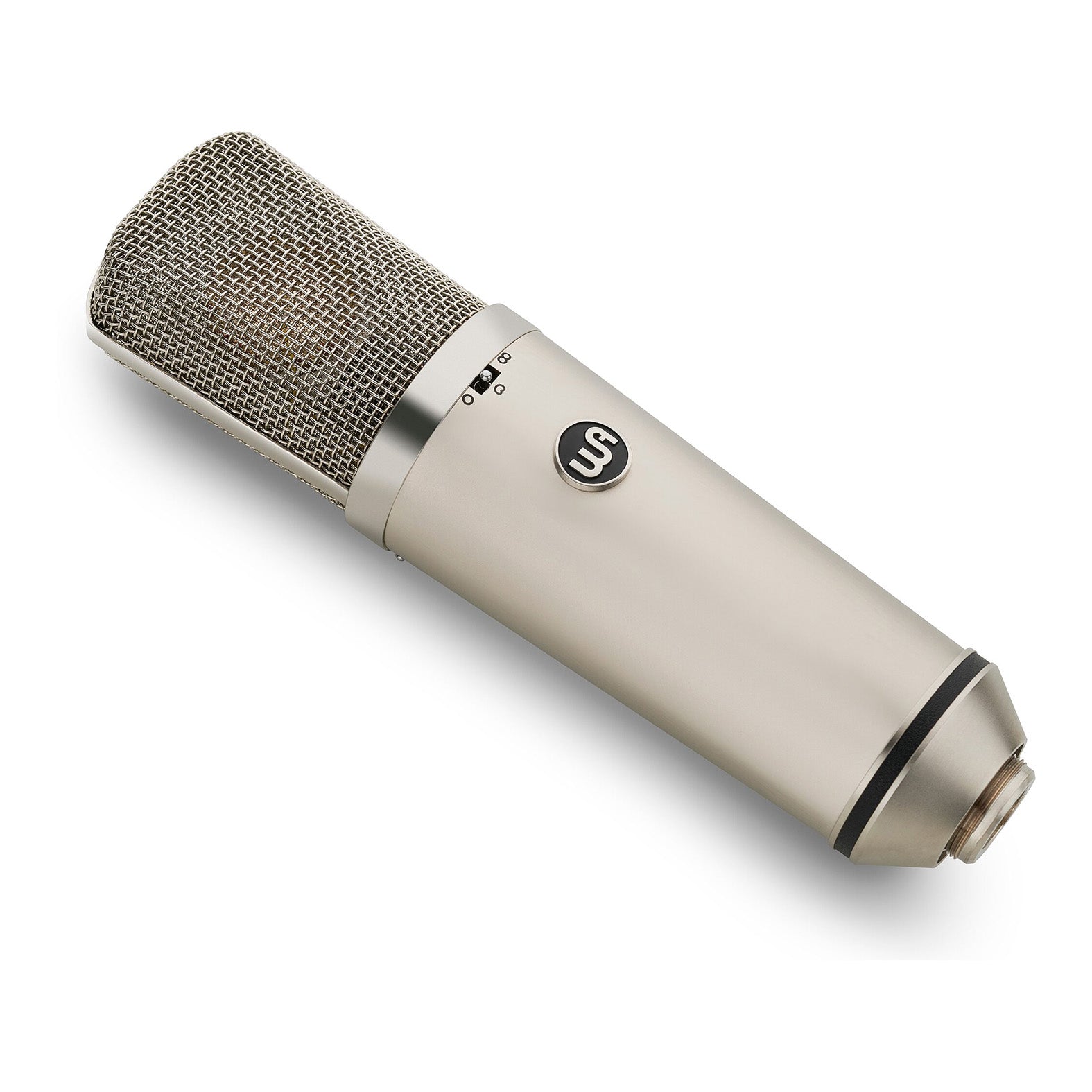 Warm Audio WA-67 Tube Large-Diaphragm Condenser Microphone, angled view showing the polar pattern selector switch and logo.