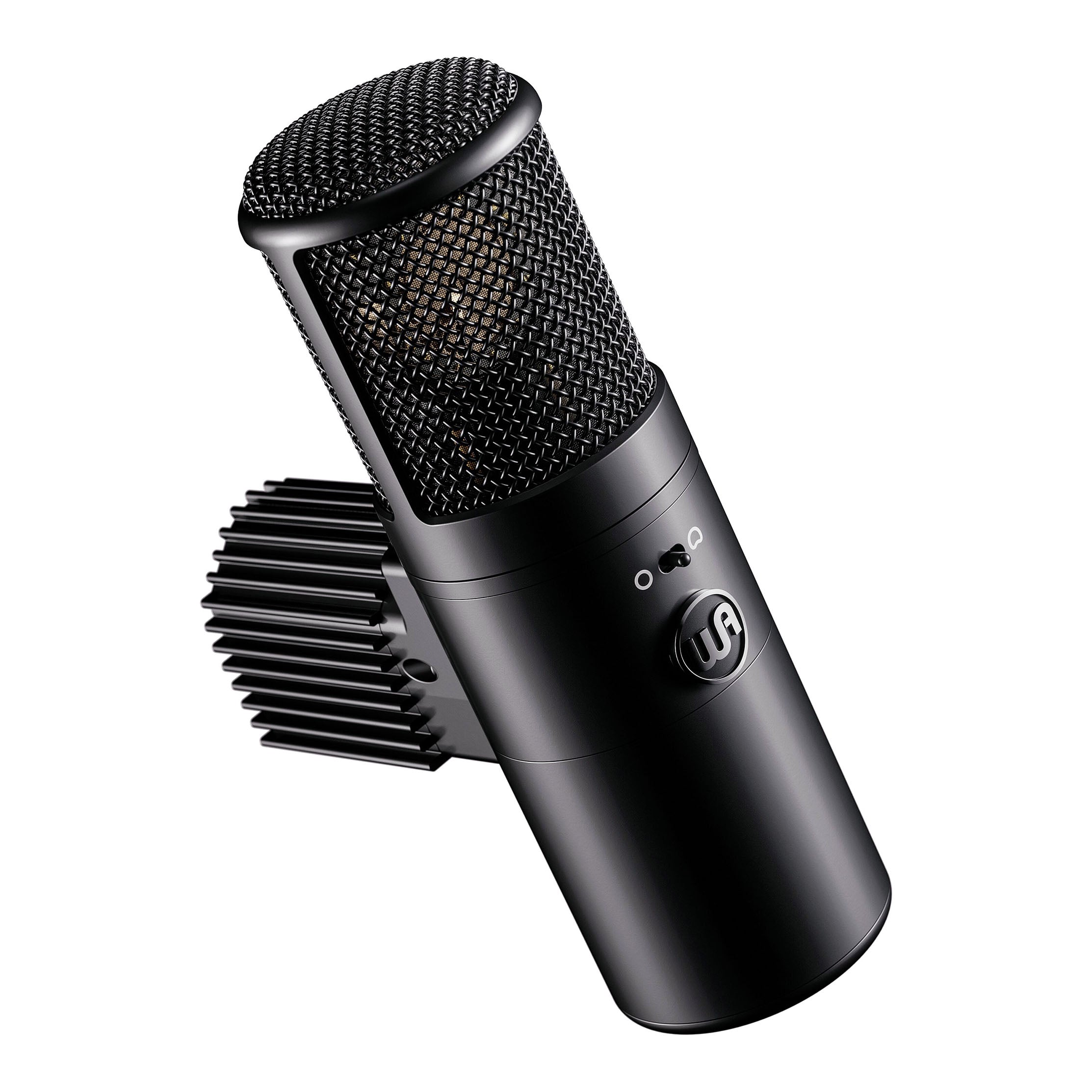 Warm Audio WA-8000 Large-Diaphragm Tube Condenser Microphone, angled view showing the heatsink and the polar pattern selector switch