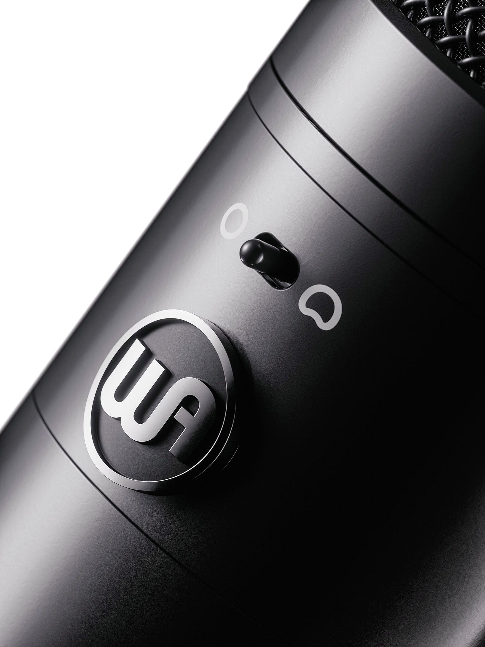 Warm Audio WA-8000 Large-Diaphragm Tube Condenser Microphone, closeup view of the logo and the polar pattern selector switch