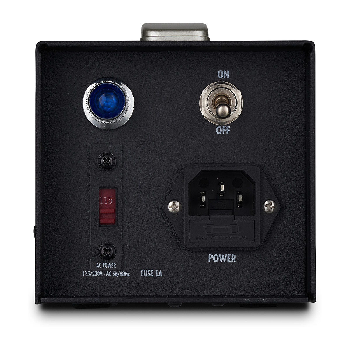 Warm Audio WA-8000 Large-Diaphragm Tube Condenser Microphone Power Supply, back view showing the on/off switch, indicator light, IEC power input, and fuse.