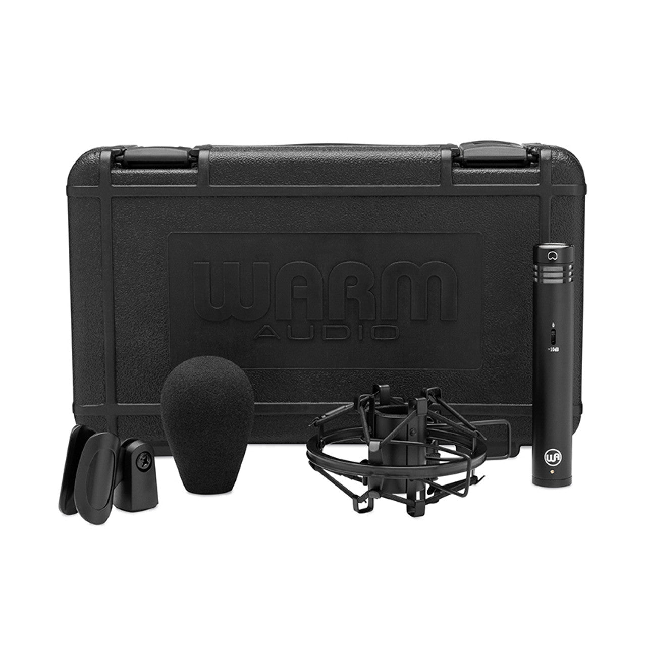 Warm Audio WA-84 Small Diaphragm Condenser Microphone (Black) with black shockmount, windscreen, microphone clip, and carry case.