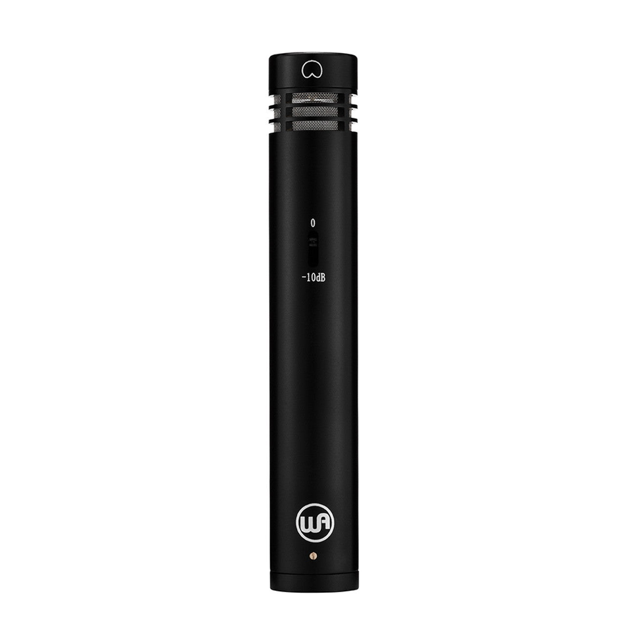 Warm Audio WA-84 Small Diaphragm Condenser Microphone (black), front view showing the -10db pad switch and logo.