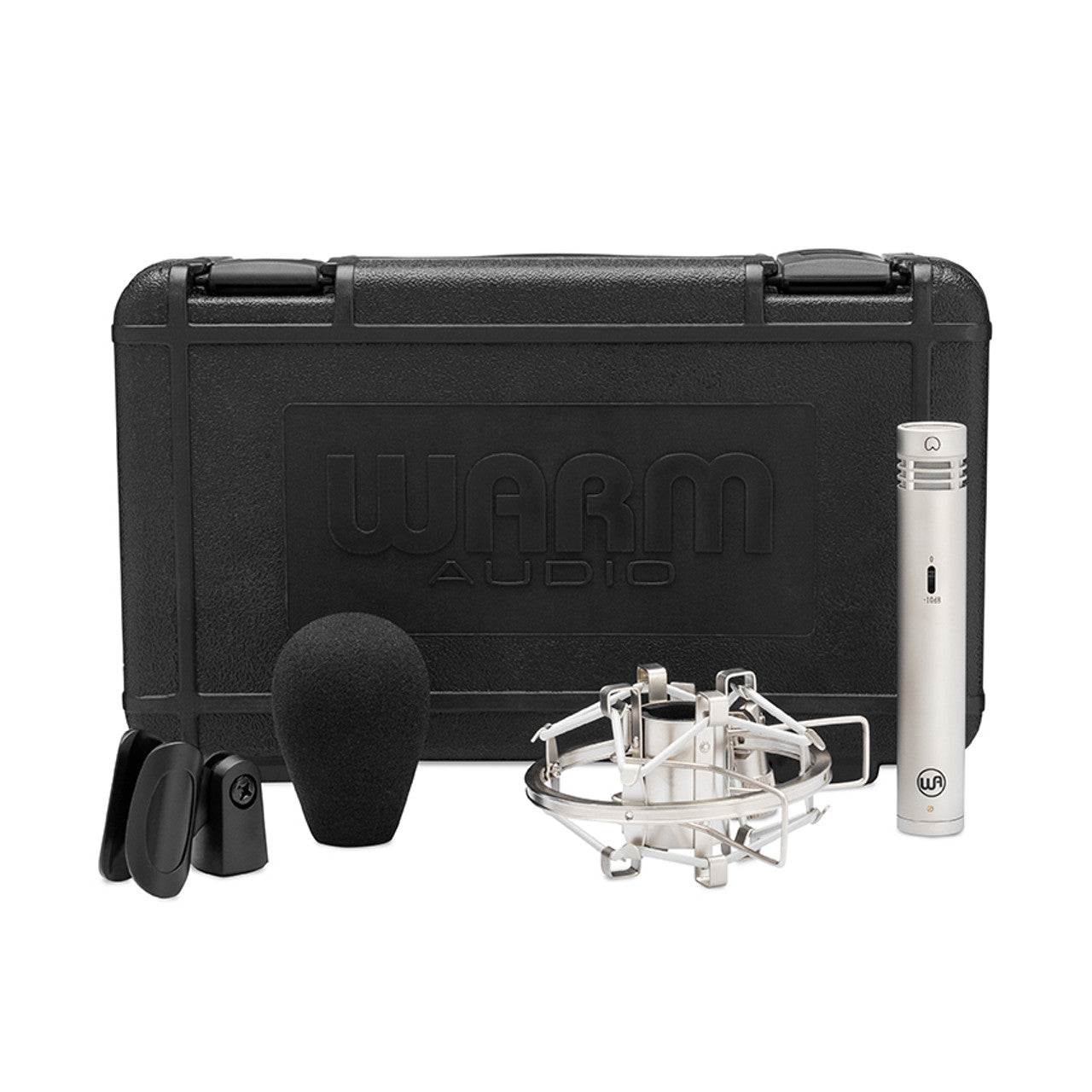 Warm Audio WA-84 Small Diaphragm Condenser Microphone (Nickel) with nickel shockmount, windscreen, microphone clip, and carry case.