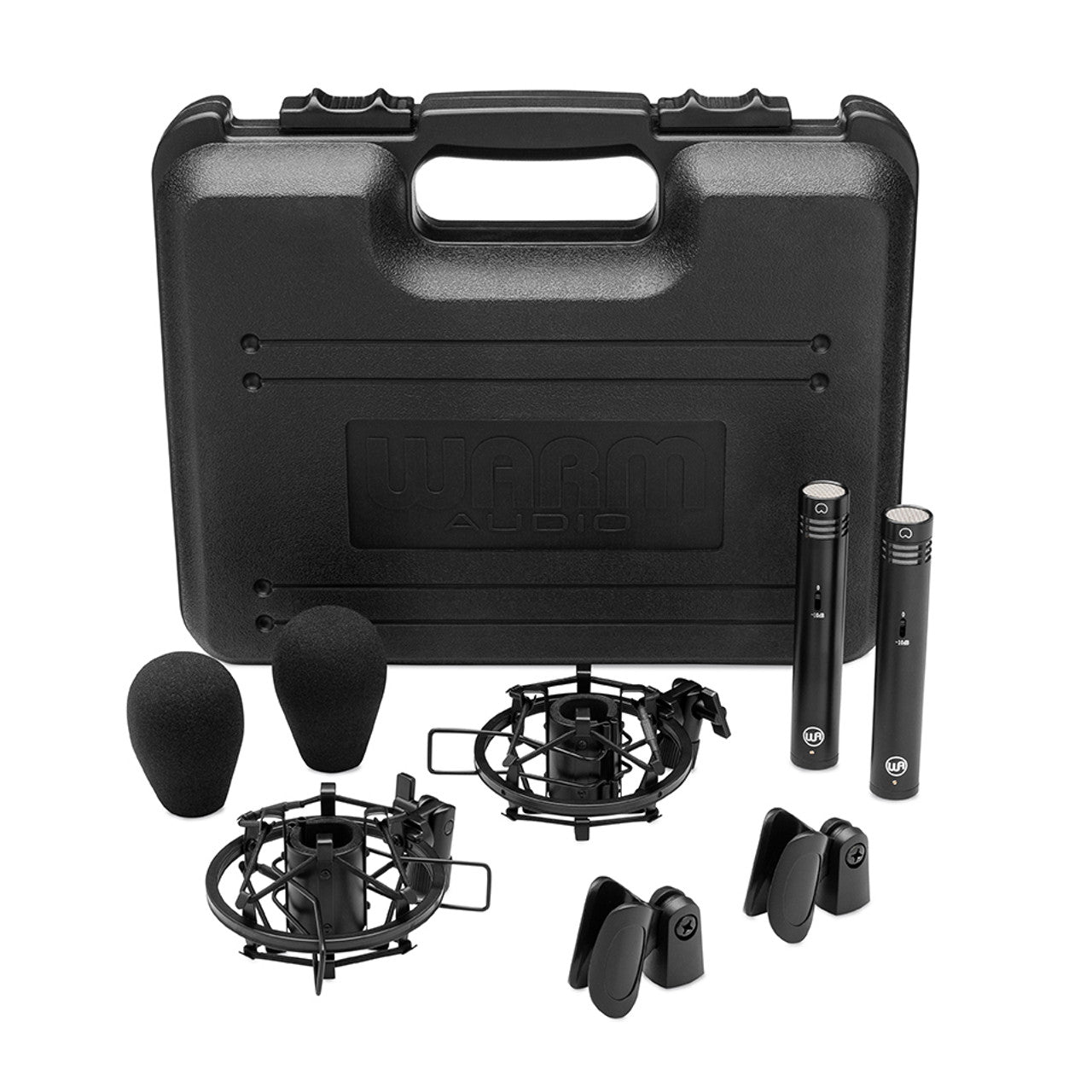 Matched pair of Warm Audio WA-84 Small Diaphragm Condenser Microphones (Black) with two black shockmounts, two mic clips, two windshields and carry case.
