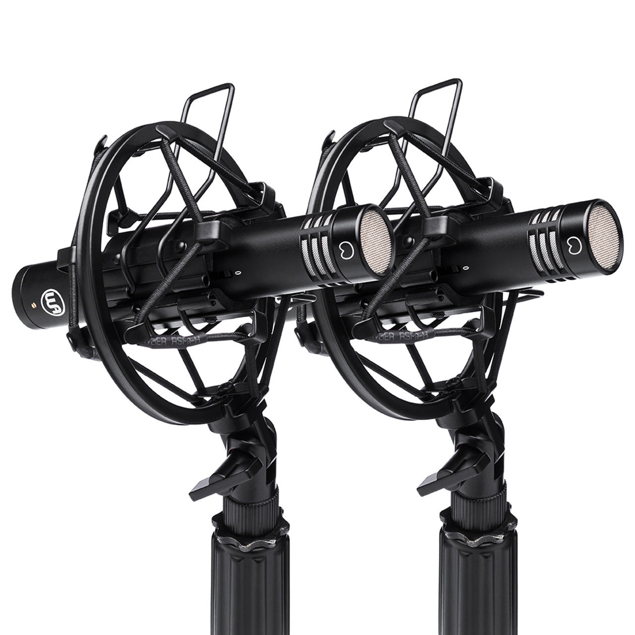 Matched pair of Warm Audio WA-84 Small Diaphragm Condenser Microphones (Black) mounted in black shockmounts.