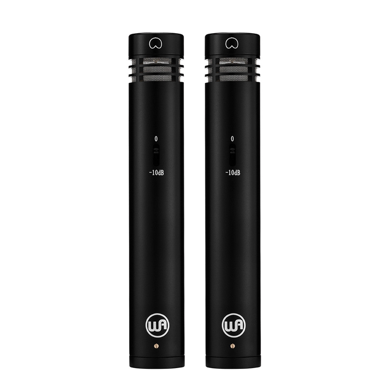 Matched pair of Warm Audio WA-84 Small Diaphragm Condenser Microphones (Black), front view showing -10db pad switches and logos.