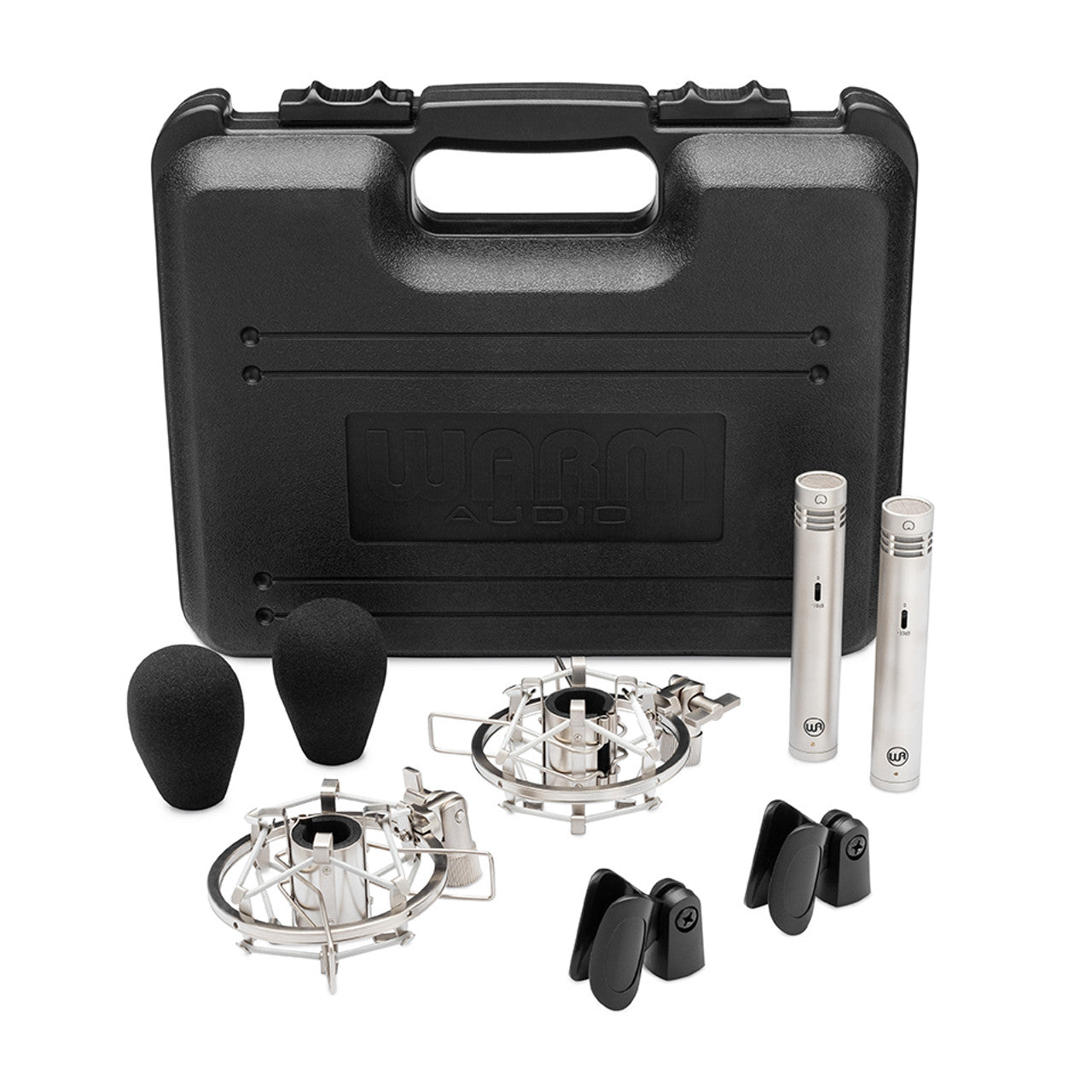 Matched pair of Warm Audio WA-84 Small Diaphragm Condenser Microphones (Nickel) with two nickel shockmounts, two mic clips, two windshields and carry case.