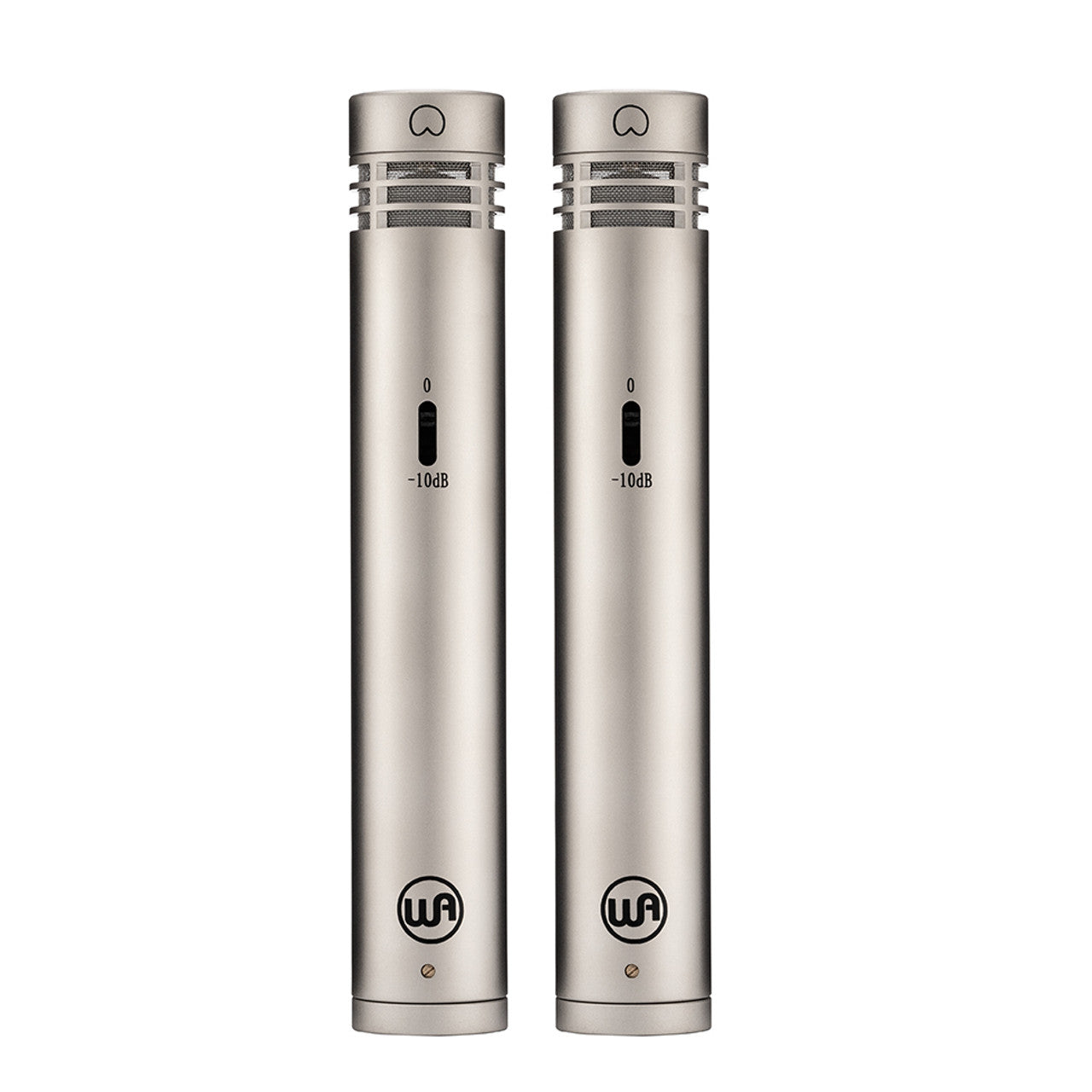 Matched pair of Warm Audio WA-84 Small Diaphragm Condenser Microphones (Nickel), front view showing -10db pad switches and logos.