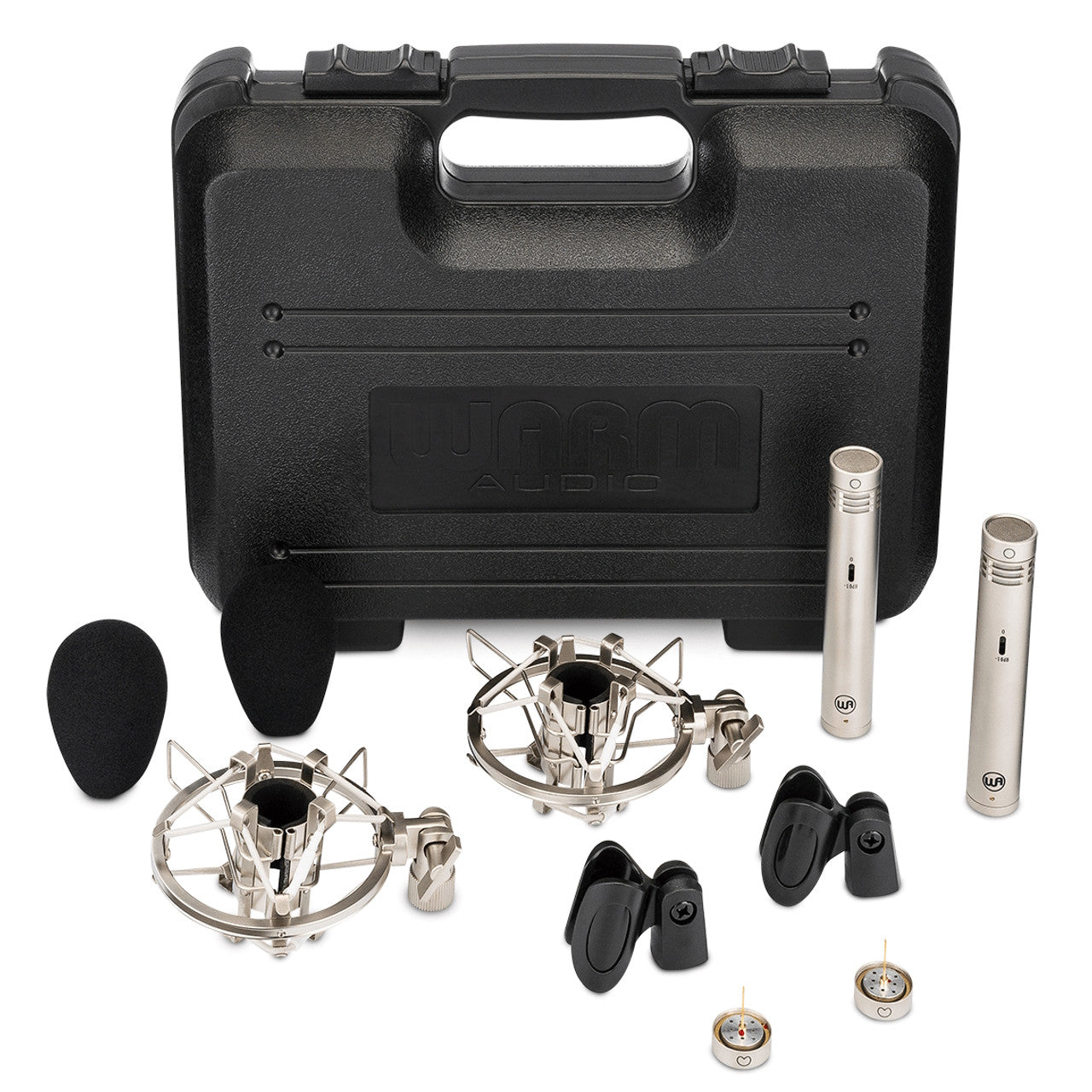 Warm Audio WA-84 Stereo Microphone Pair with Omni & Cardioid Capsules (Nickel), two nickel shockmounts, two mic clips, two windshields and carry case.