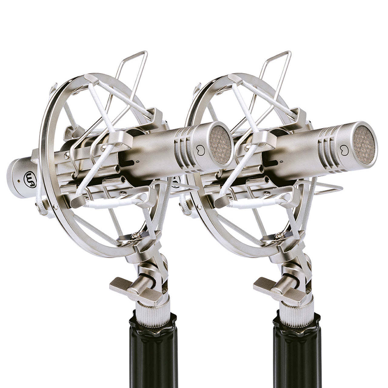 Matched pair of Warm Audio WA-84 Small Diaphragm Condenser Microphones (Nickel) mounted in nickel shockmounts.