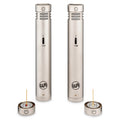 Warm Audio WA-84 Stereo Microphone Pair with Omni & Cardioid Capsules (Nickel), front view showing -10b pad switches and the interior of the cardioid capsules.