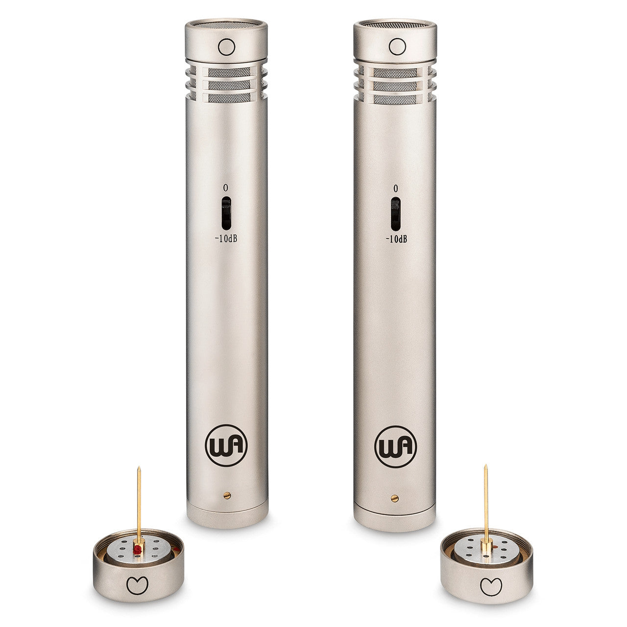 Warm Audio WA-84 Stereo Microphone Pair with Omni & Cardioid Capsules (Nickel), front view showing -10b pad switches and the interior of the cardioid capsules.