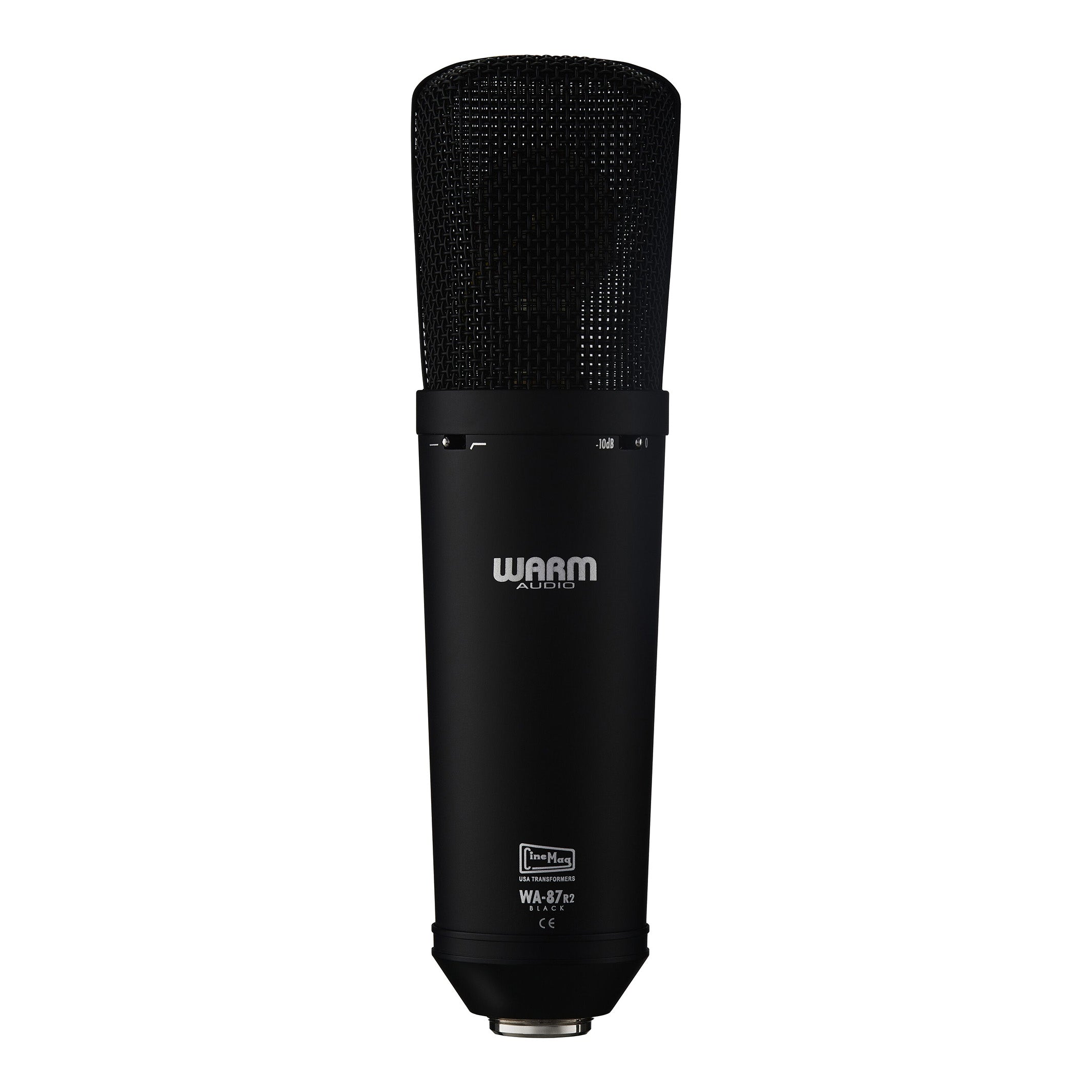 Warm Audio WA-87 R2 Multi-Pattern Condenser Microphone (Black), back view showing switches for -10db pad and high pass filter.