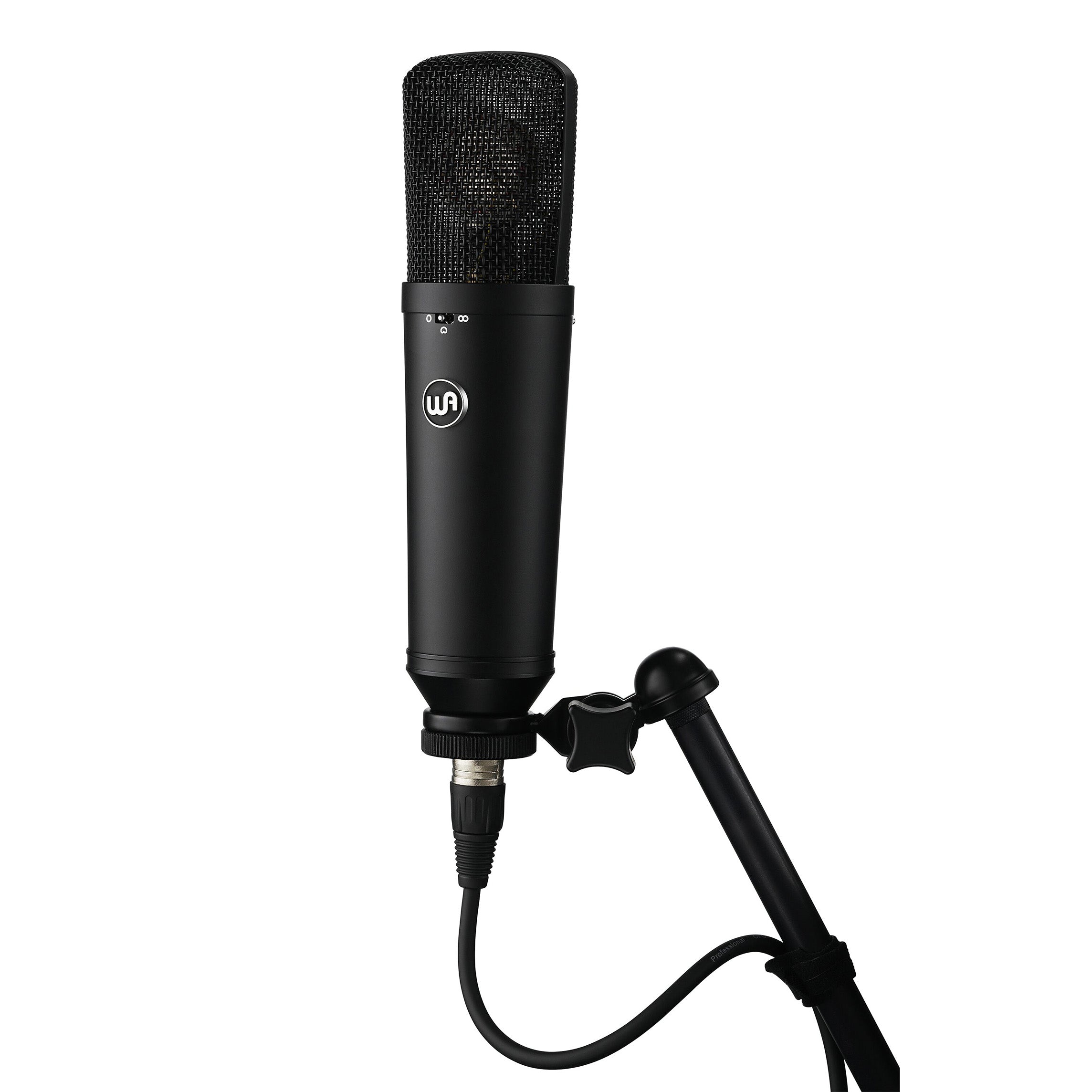 Warm Audio WA-87 R2 Multi-Pattern Condenser Microphone (Black), hardmounted on a stand with XLR cable.