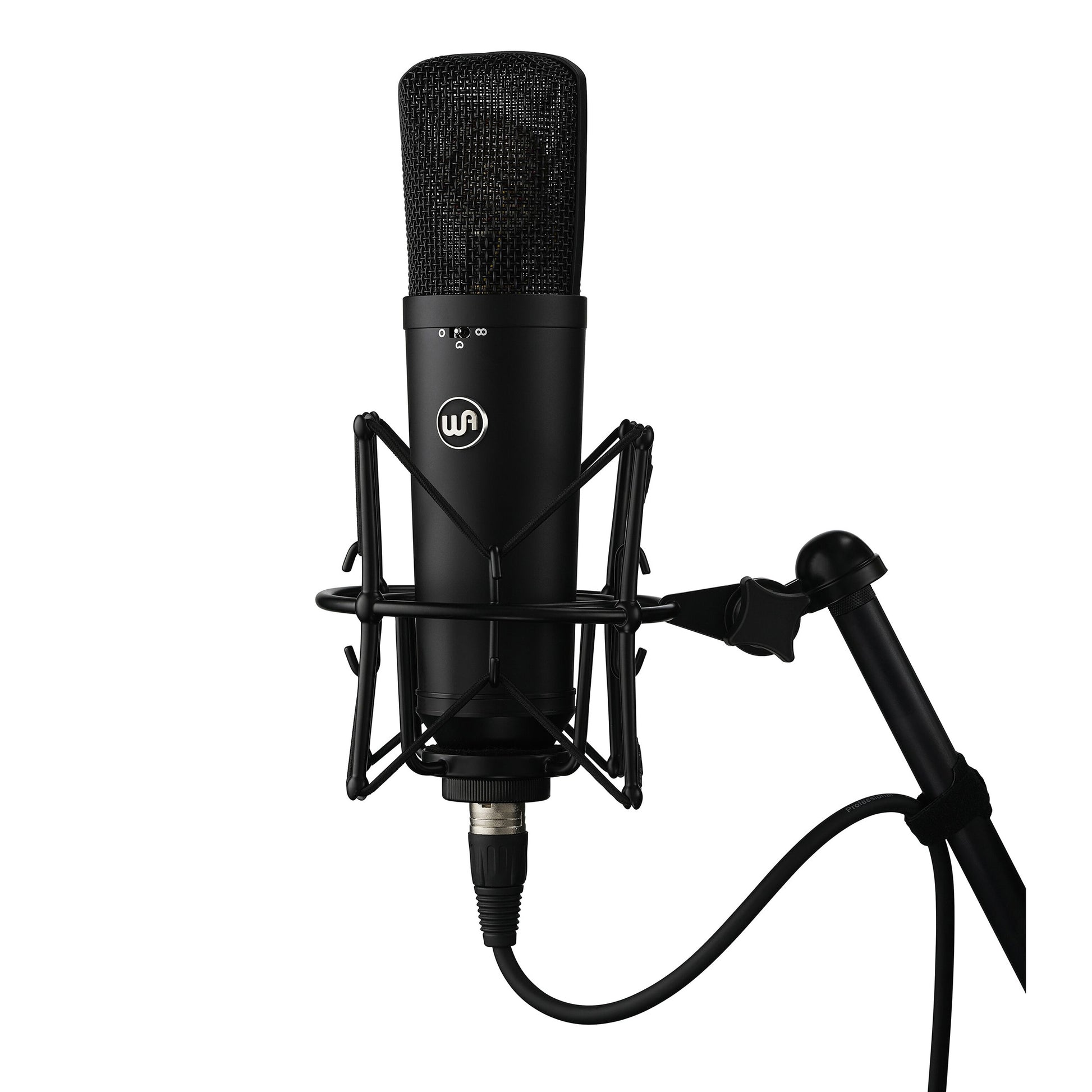 Warm Audio WA-87 R2 Multi-Pattern Condenser Microphone (Black), with shockmount on a stand with XLR cable.