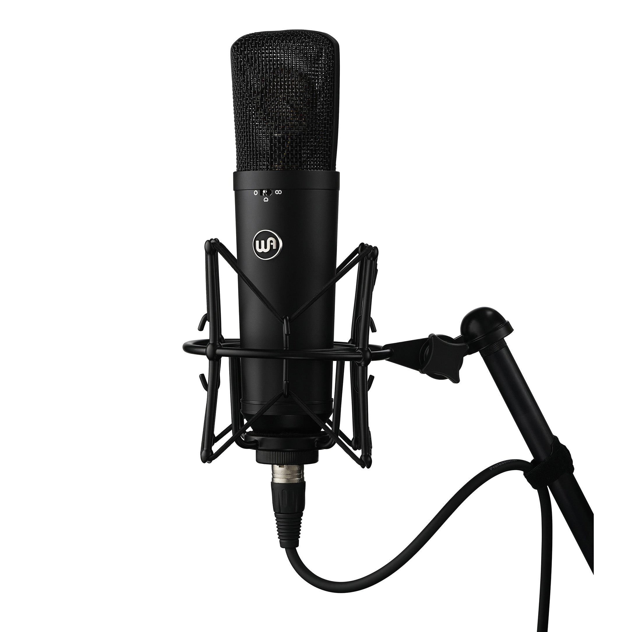 Warm Audio WA-87 R2 Multi-Pattern Condenser Microphone (Black), with shockmount on a stand with XLR cable.