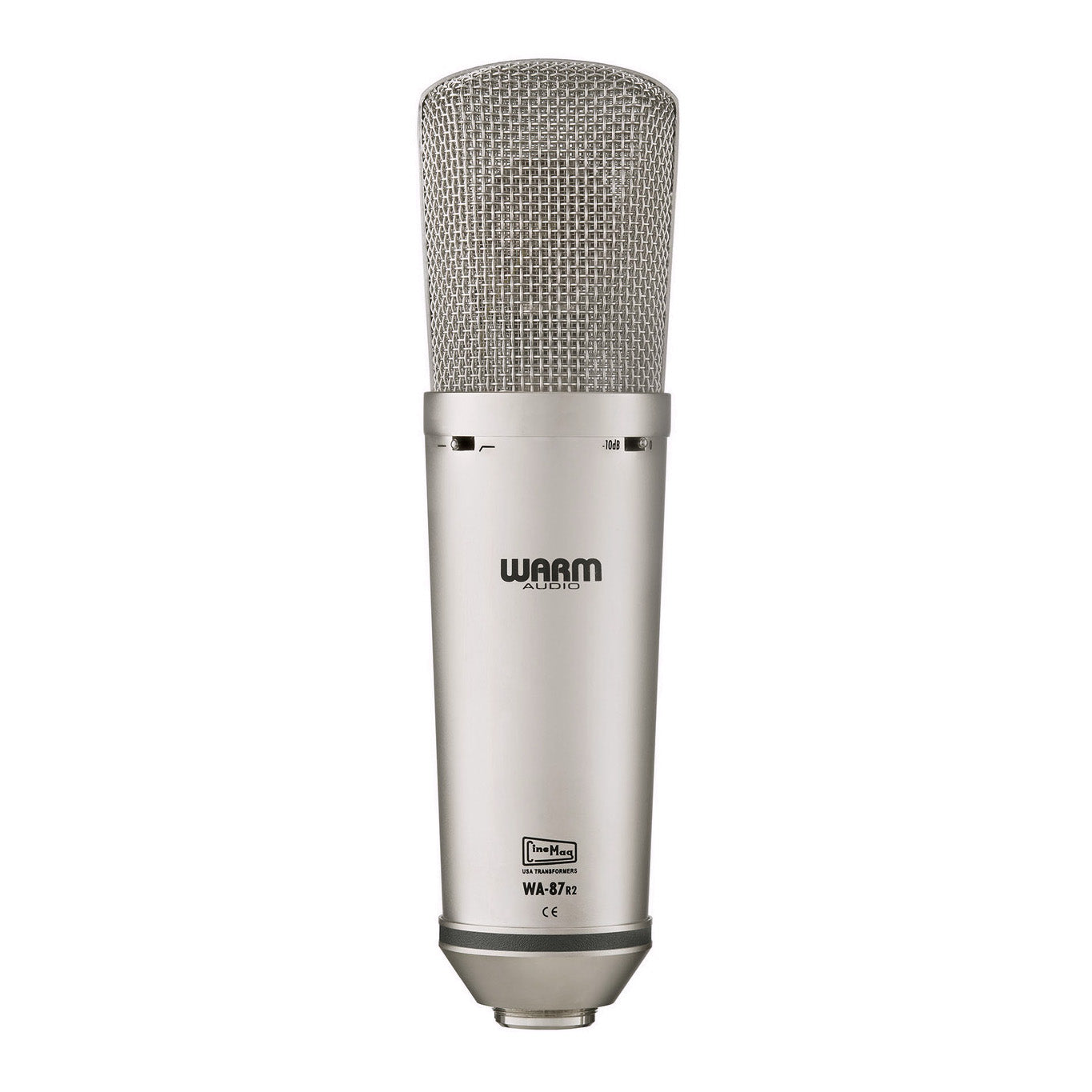 Warm Audio WA-87 R2 Multi-Pattern Condenser Microphone (Nickel), back view showing the switches for the -10db pad and the highpass filter.