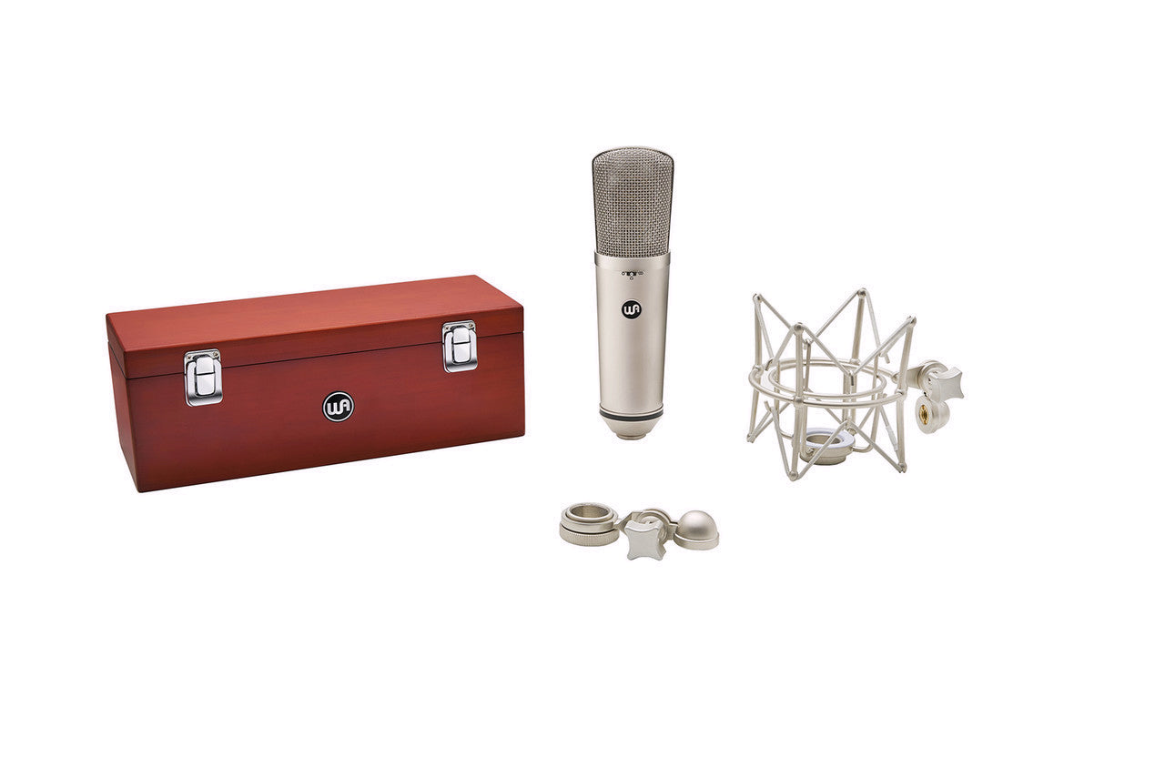 Warm Audio WA-87 R2 Multi-Pattern Condenser Microphone (Nickel) with custom wooden box, shockmount and hardmount.