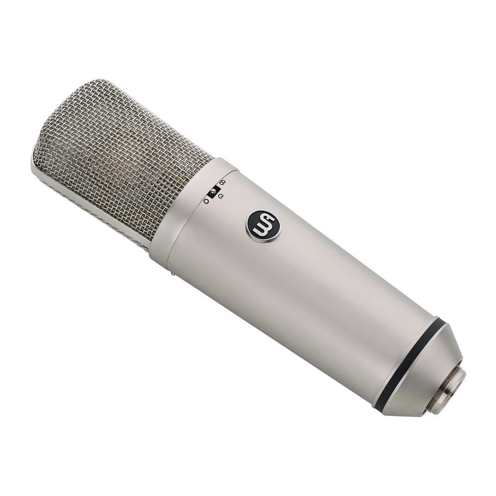 Warm Audio WA-87 R2 Multi-Pattern Condenser Microphone (Nickel) angled view showing polar pattern selector switch and logo.