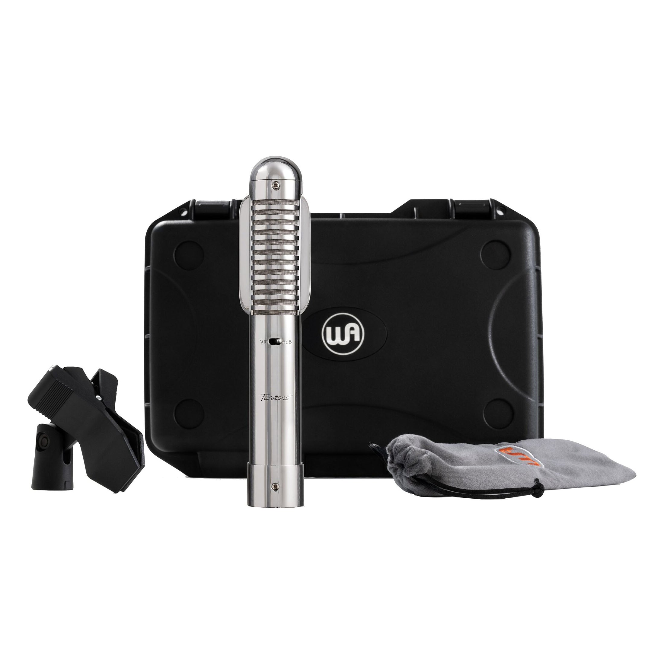 Warm Audio WA-FT Fen-tone Ribbon Microphone, front view with carry case, mic clip, and holding pouch