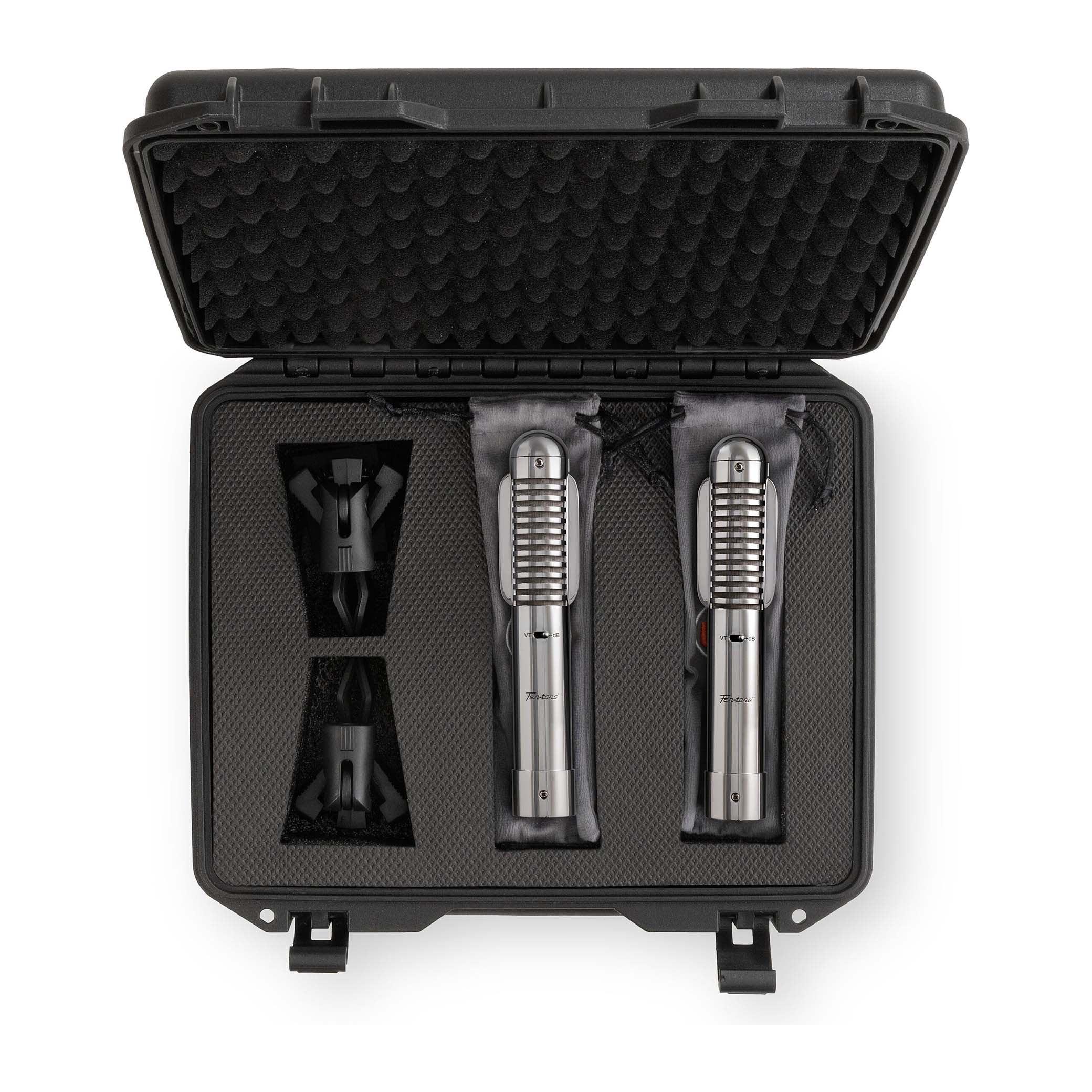 Matched pair of Warm Audio WA-FT Fen-tone Ribbon Microphones, front view inside the carry case with two mic clips and two mic pouches