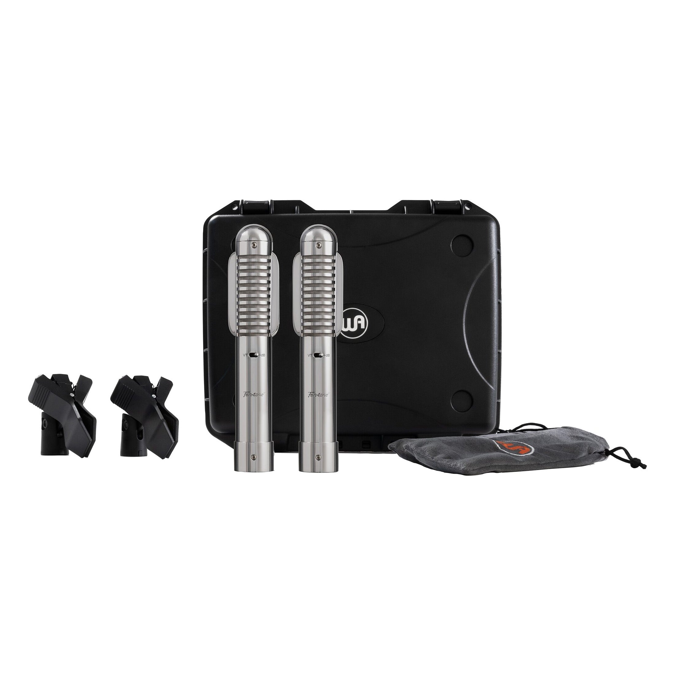 Matched pair of Warm Audio WA-FT Fen-tone Ribbon Microphones, front view with two mic clips, carry case, and holding pouch