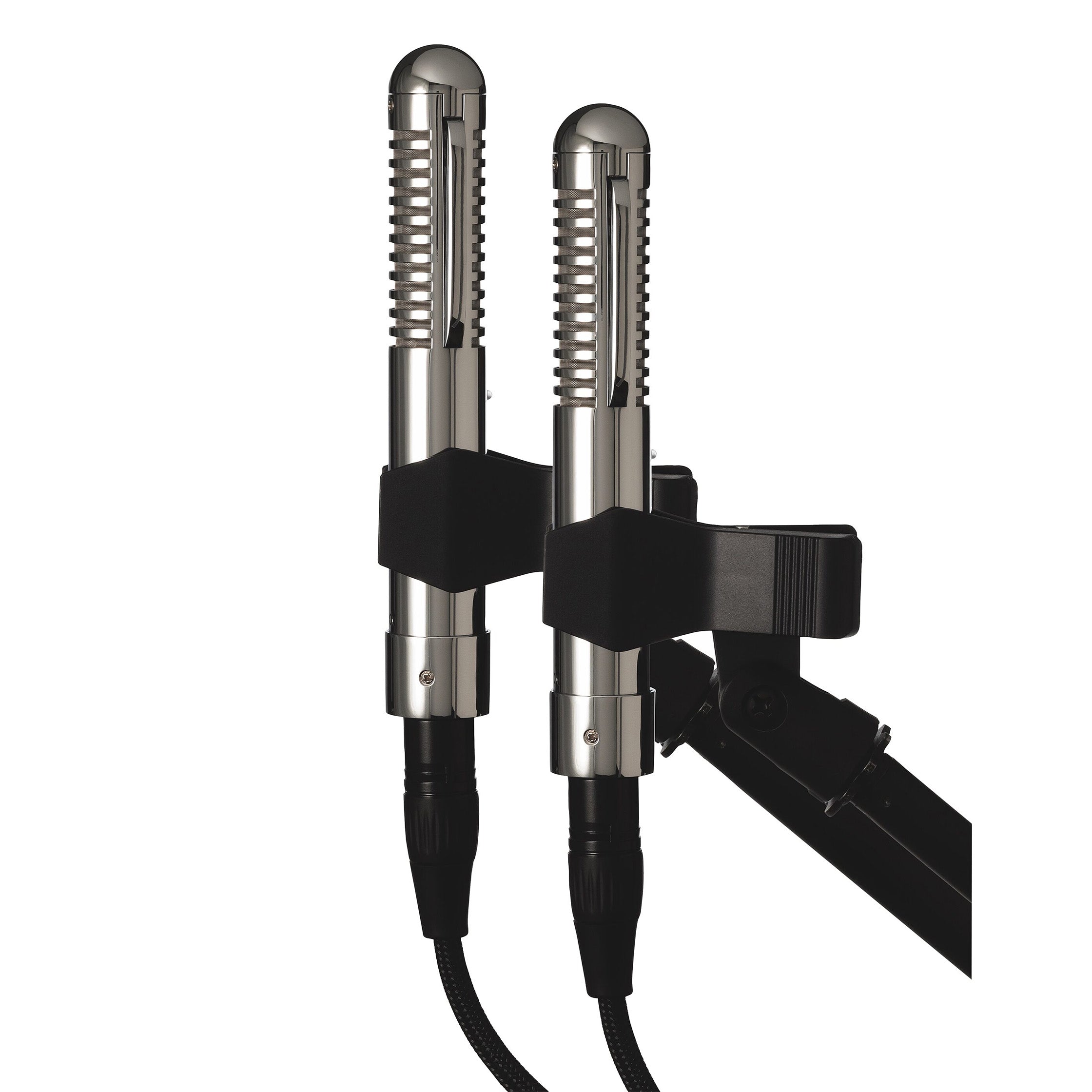 Matched pair of Warm Audio WA-FT Fen-tone Ribbon Microphones mounted on mic stands with XLR cables, side view