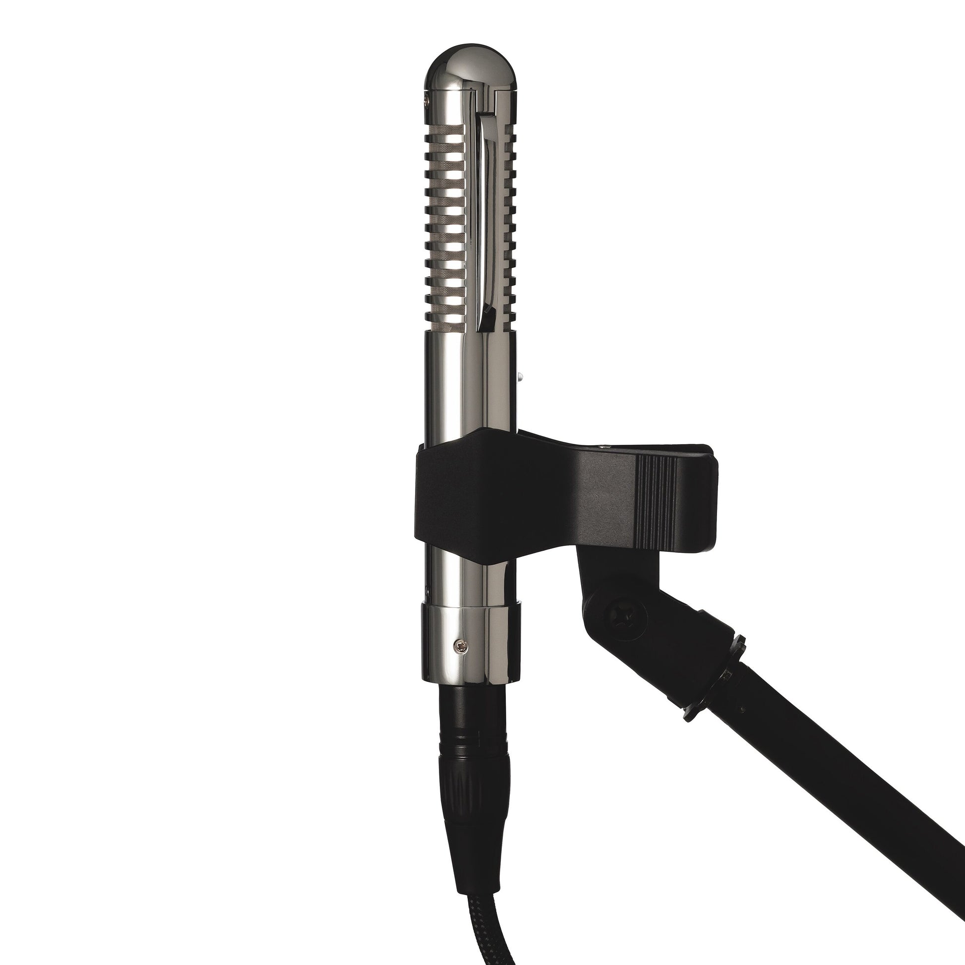 Warm Audio WA-FT Fen-tone Ribbon Microphone, side view, mounted on a mic stand