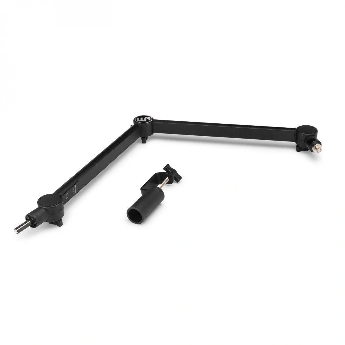 Warm Audio WA-MBA Microphone Boom Arm, laying down showing both the arm and the clamp used to mount it to a desk. ideal for podcast, deskmount, and broadcasting setups.