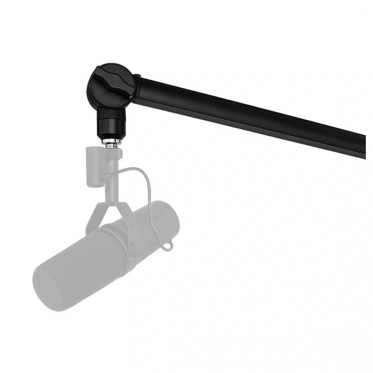 Warm Audio WA-MBA Microphone Boom Arm, closeup view with mounted studio microphone (mic not included), ideal for podcast, deskmount, and broadcasting setups.