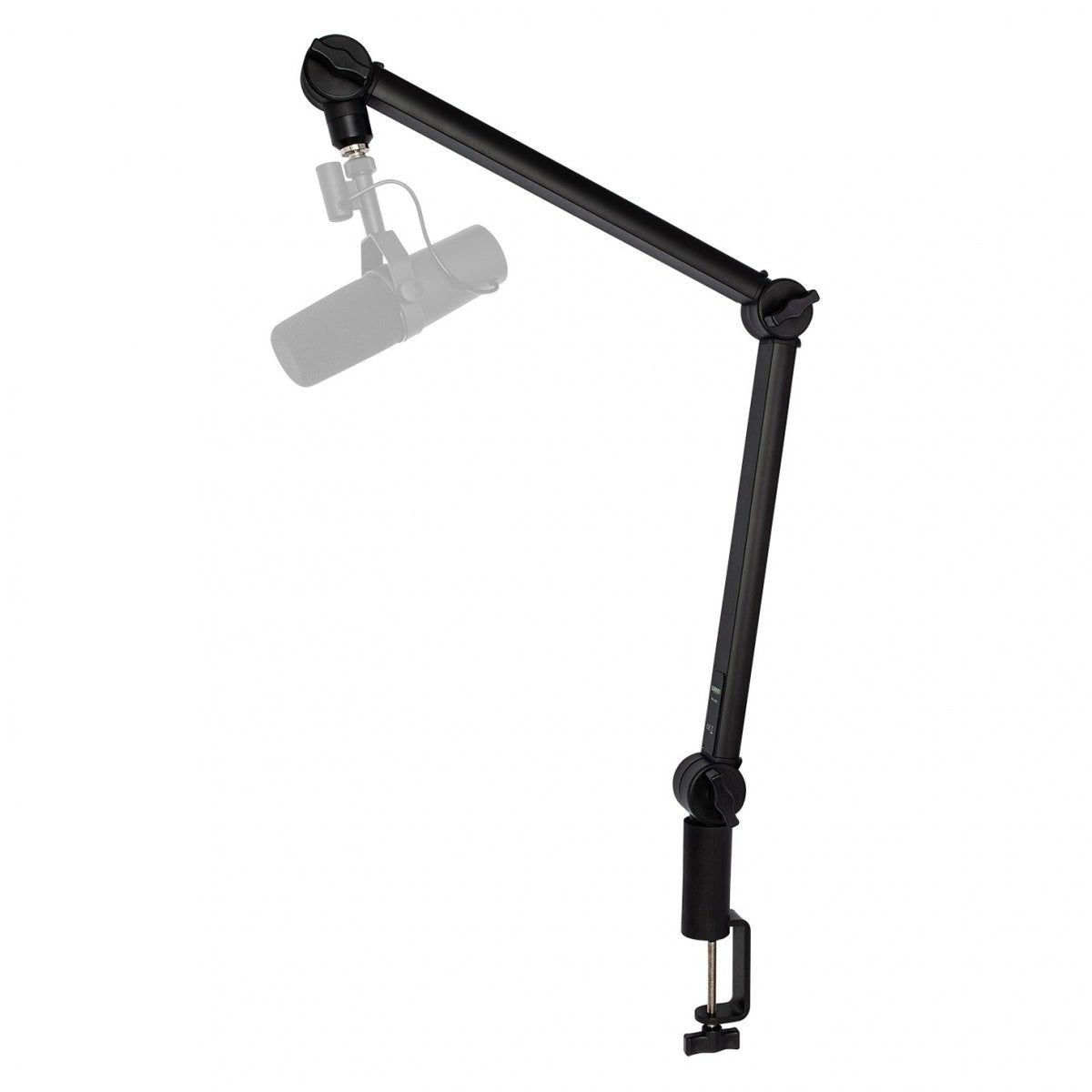 Warm Audio WA-MBA Microphone Boom Arm, side view with mounted studio microphone (mic not included), ideal for podcast, deskmount, and broadcasting setups.