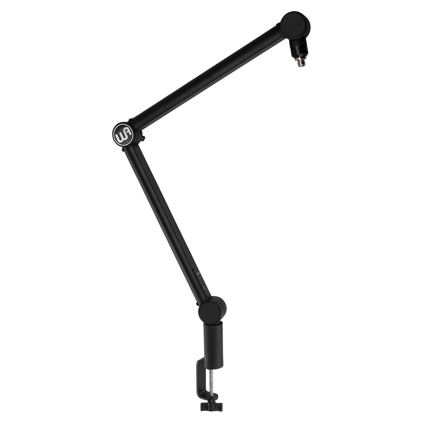 Warm Audio WA-MBA Microphone Boom Arm, side view showing Warm Audio logo, ideal for podcast, deskmount, and broadcasting setups.