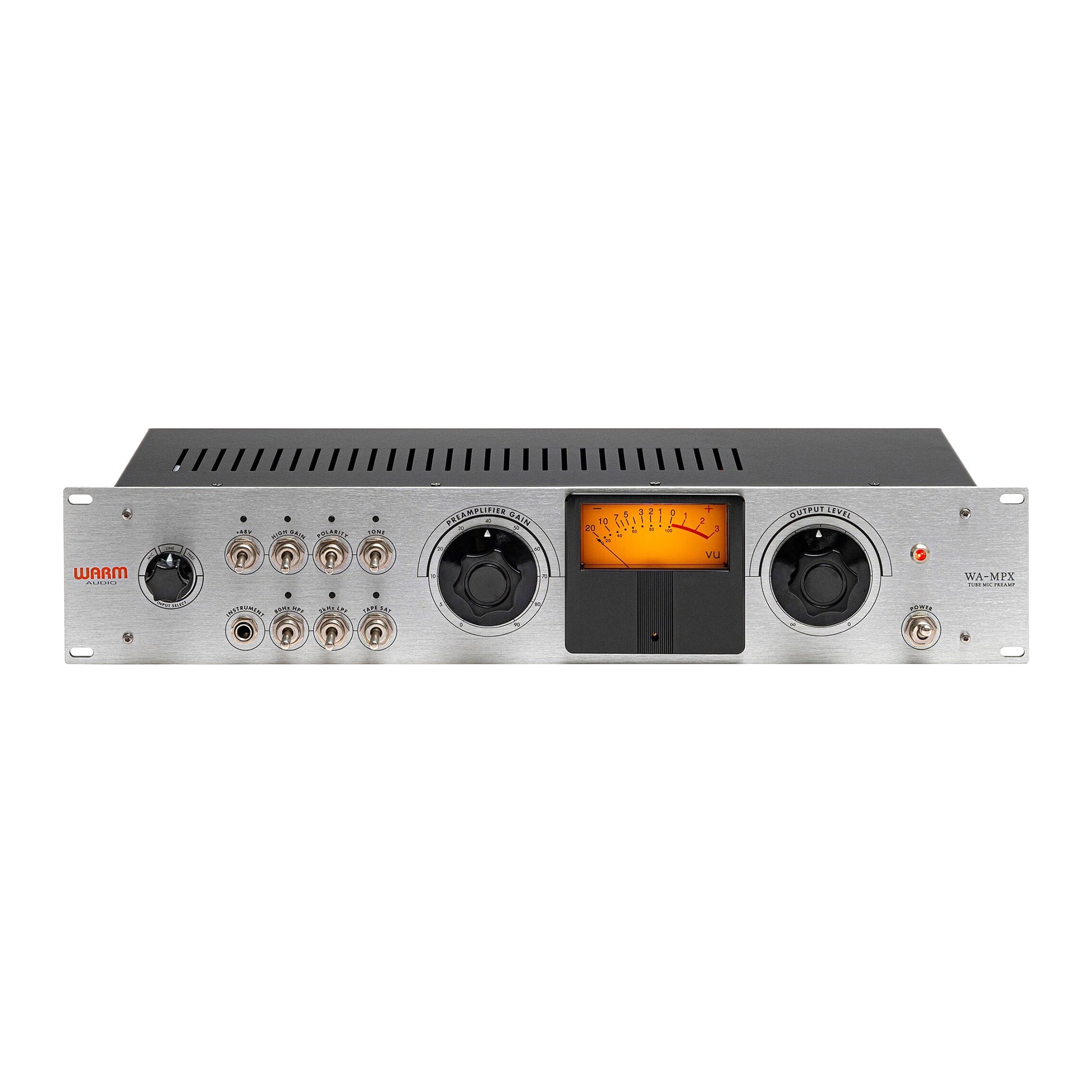 Warm Audio WA-MPX 1-channel Tube Mic/Line/Instrument Preamp, front view with vintage meter showing instrument input, input selector, gain and output level knobs. Also featuring switches for power, phantom power, high gain, polarity, tone, high and low pass filters and tape saturation.